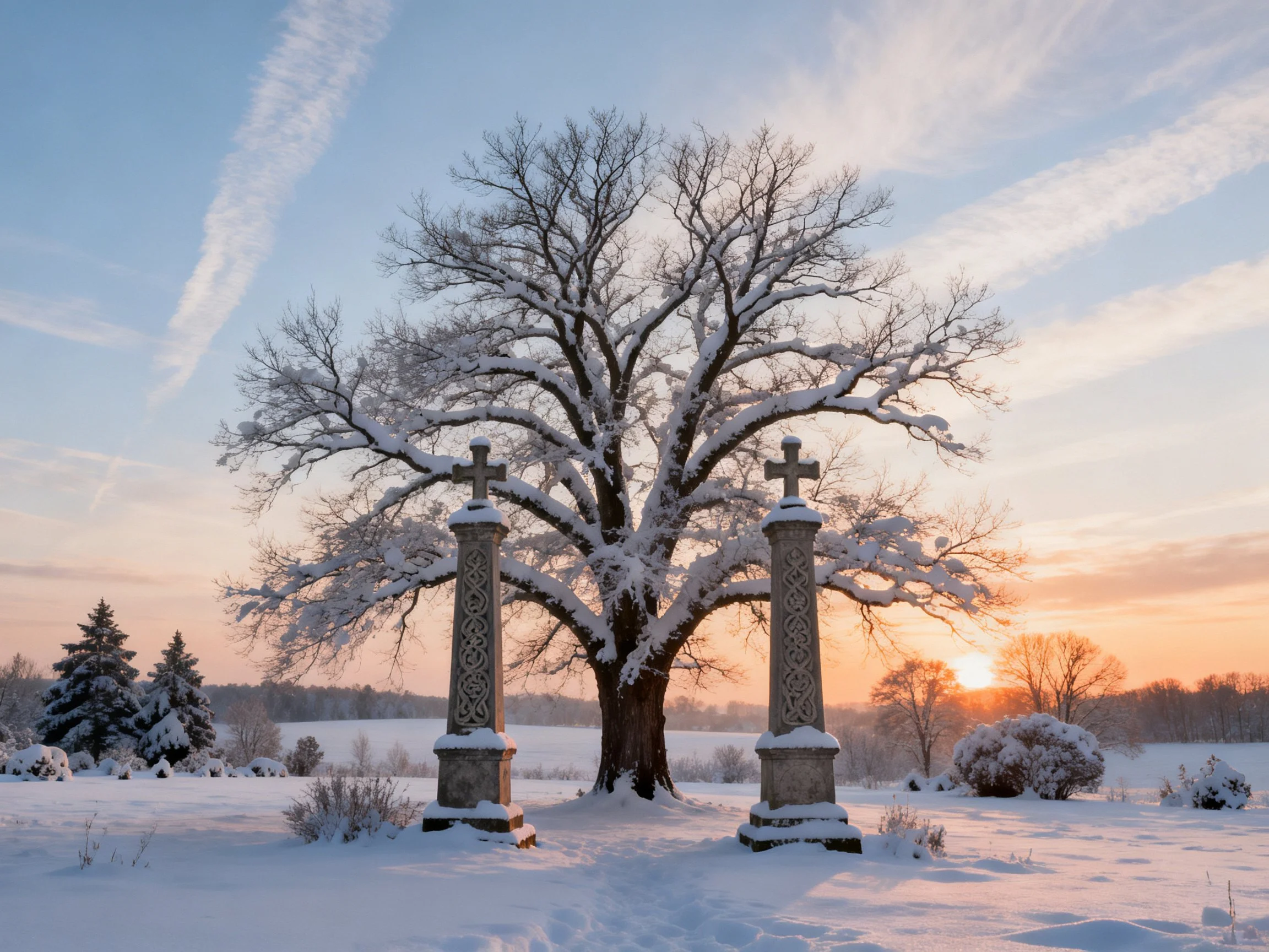 Snow-Covered Oak Between Stone Crosses at Dusk
