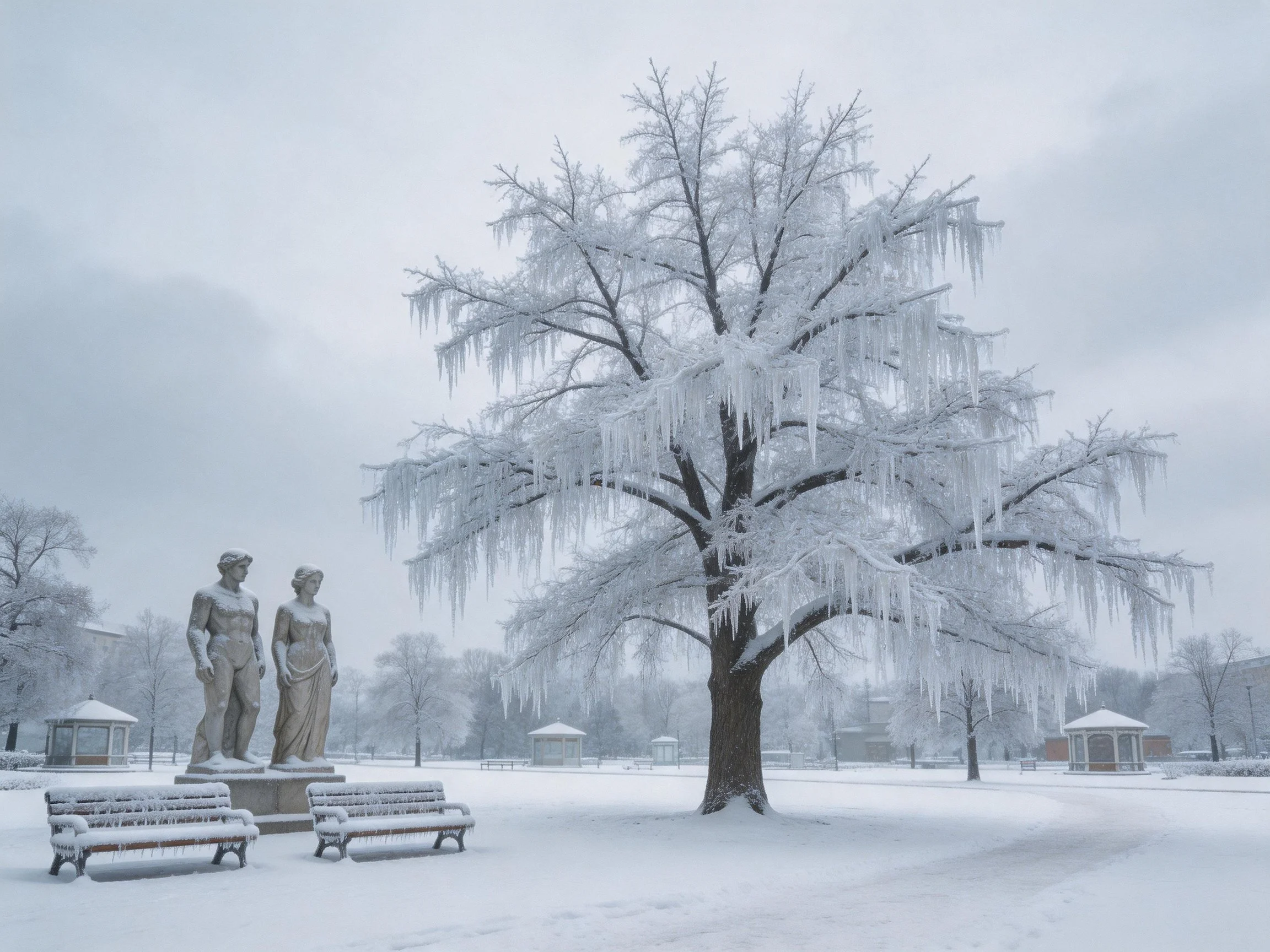 Snow-Covered Park with Icy Tree and Stone Statues