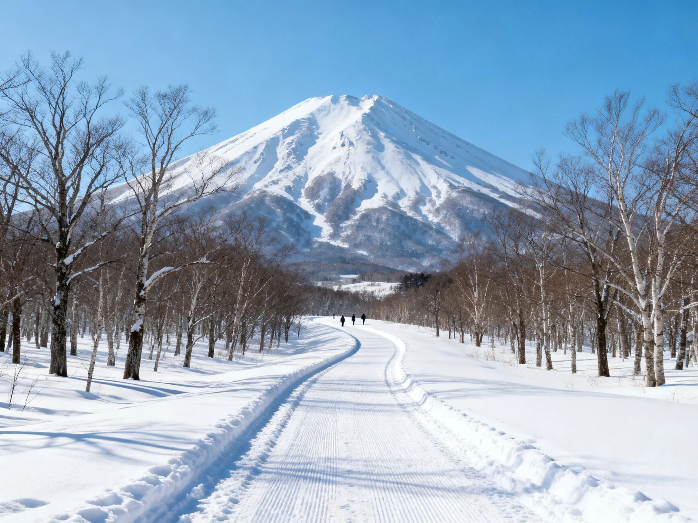 Snow-Covered Path Through Winter Forest Toward Snow-Capped Mountain