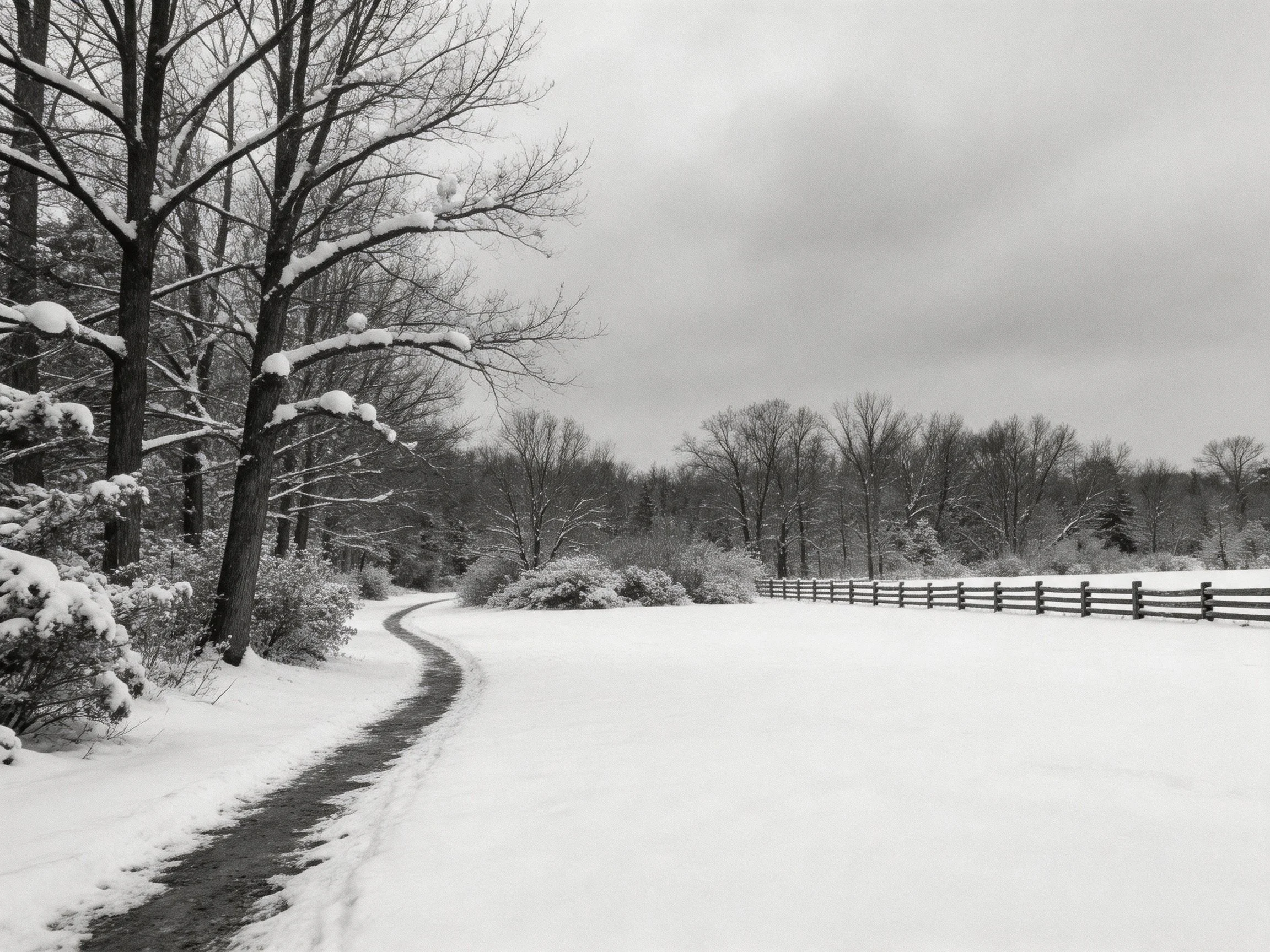 Snow-Covered Path Winding Through Forested Field With Wooden Fence