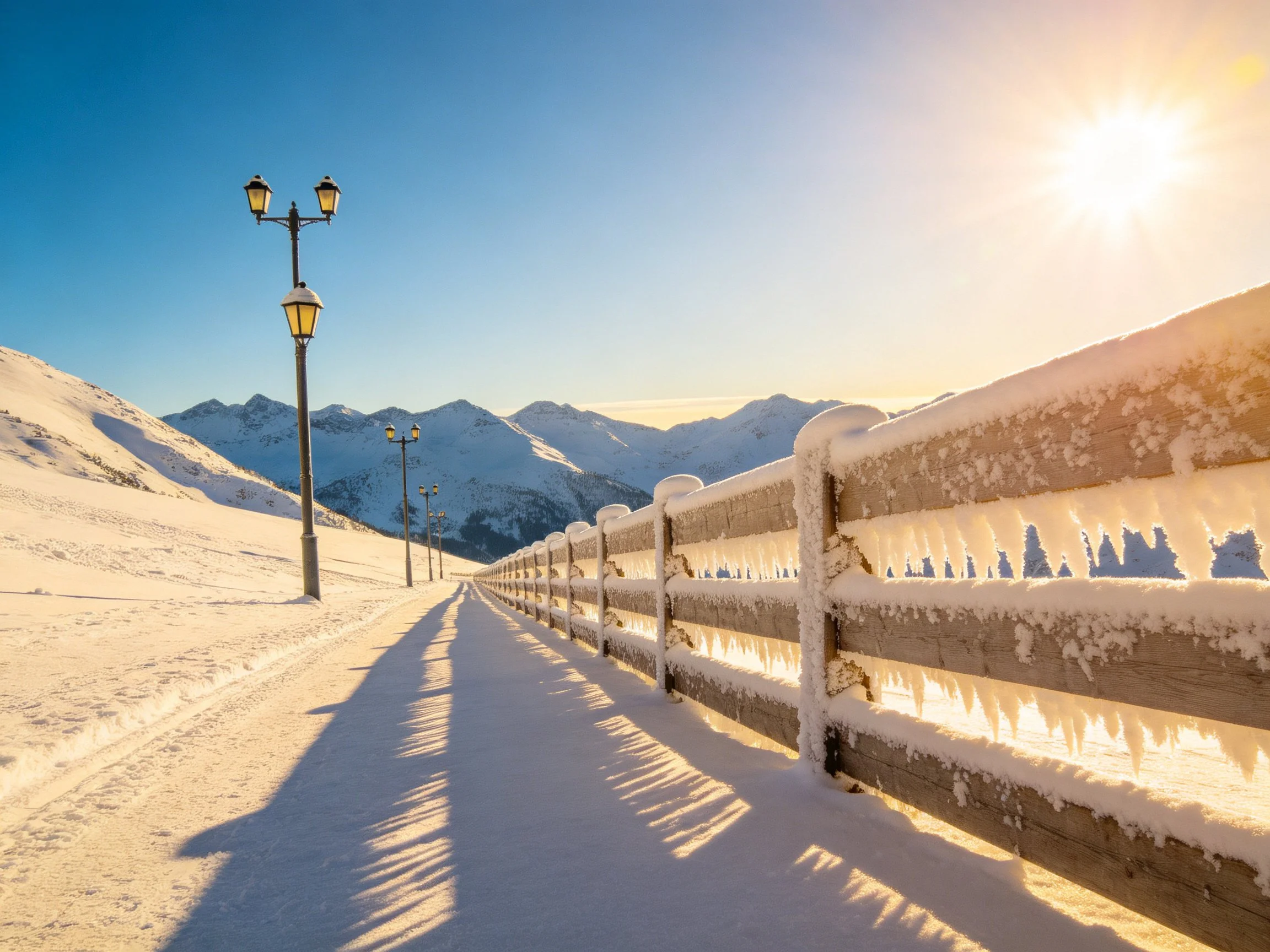 Snow-Covered Pathway with Icicle-Adorned Fence Near Mountain Peaks