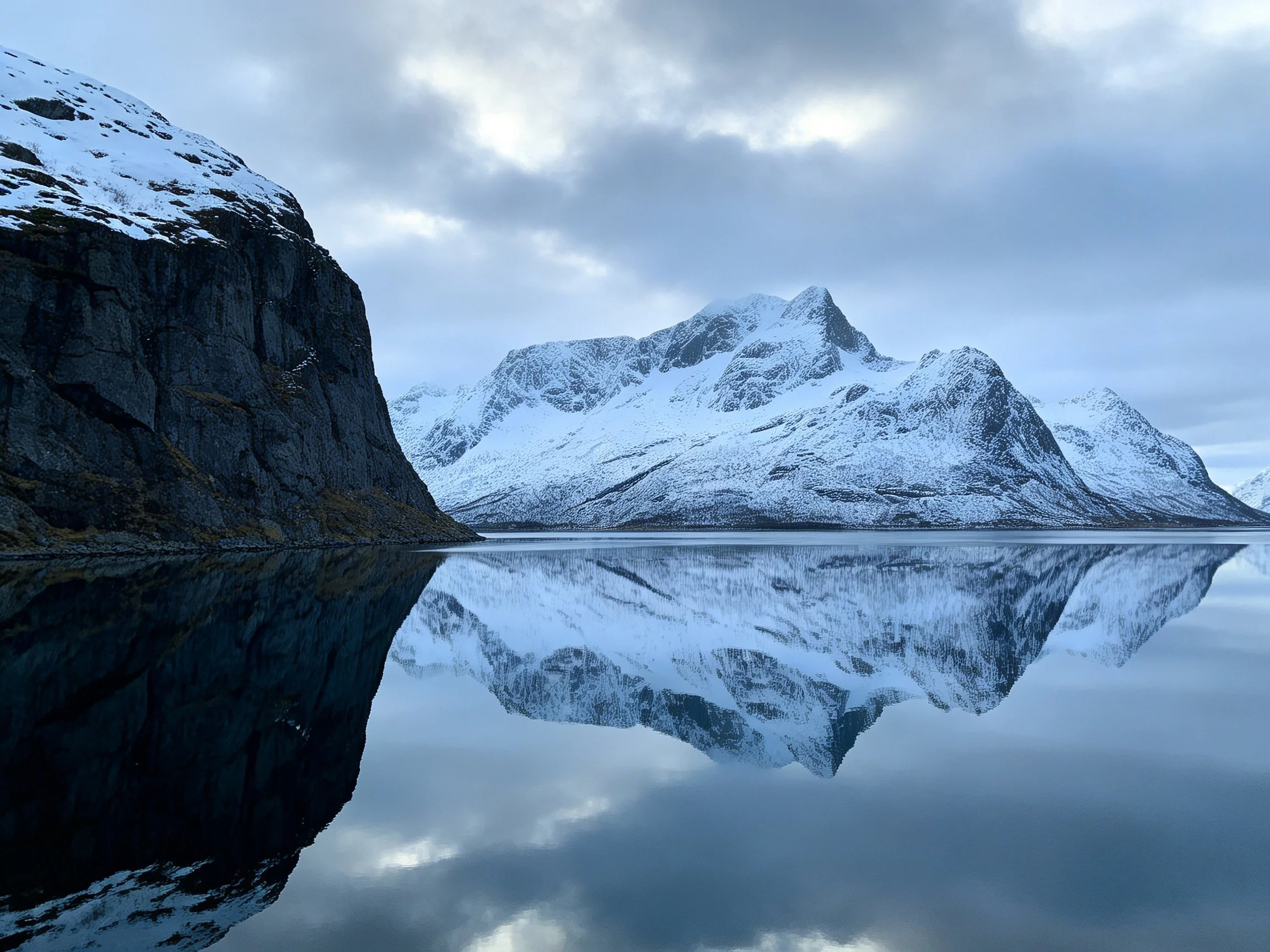 Snow-Covered Peaks Reflect in Tranquil Blue Waters