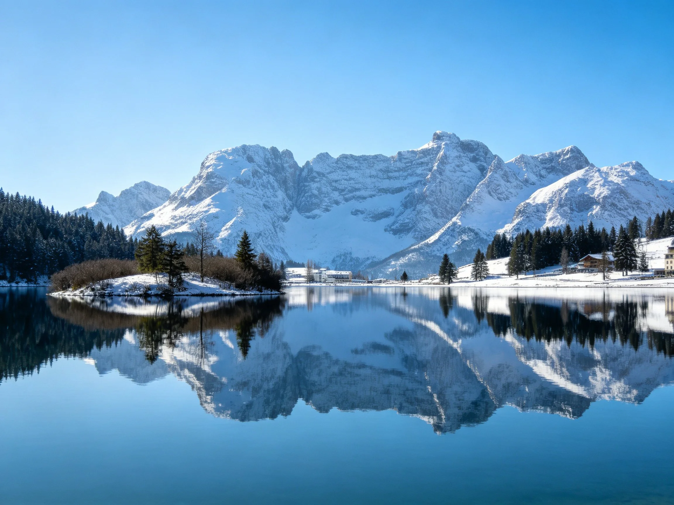 Snow-Covered Peaks Reflecting in a Calm Winter Lake