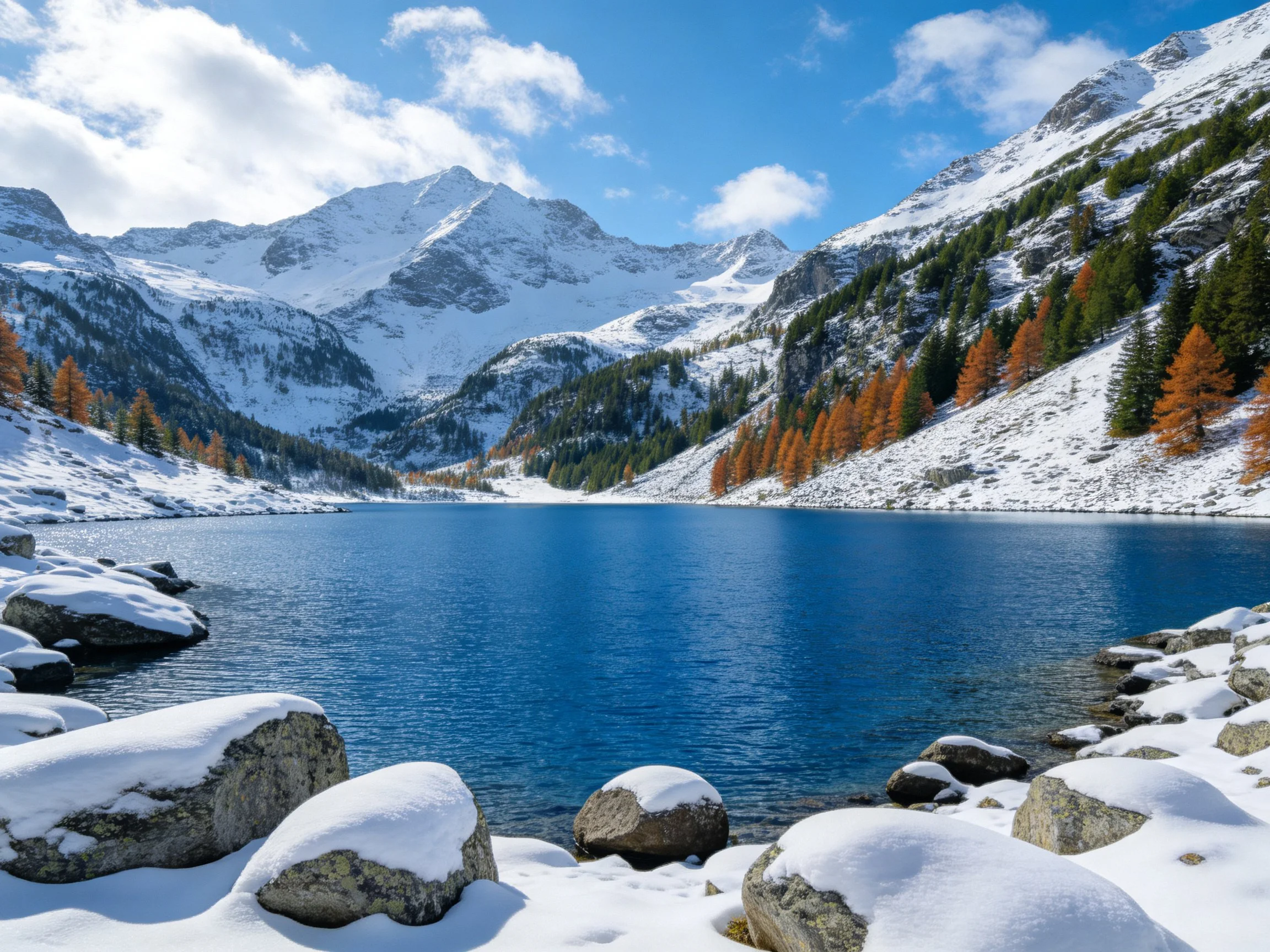 Snow-Covered Peaks Surround a Blue Alpine Lake with Autumn Foliage