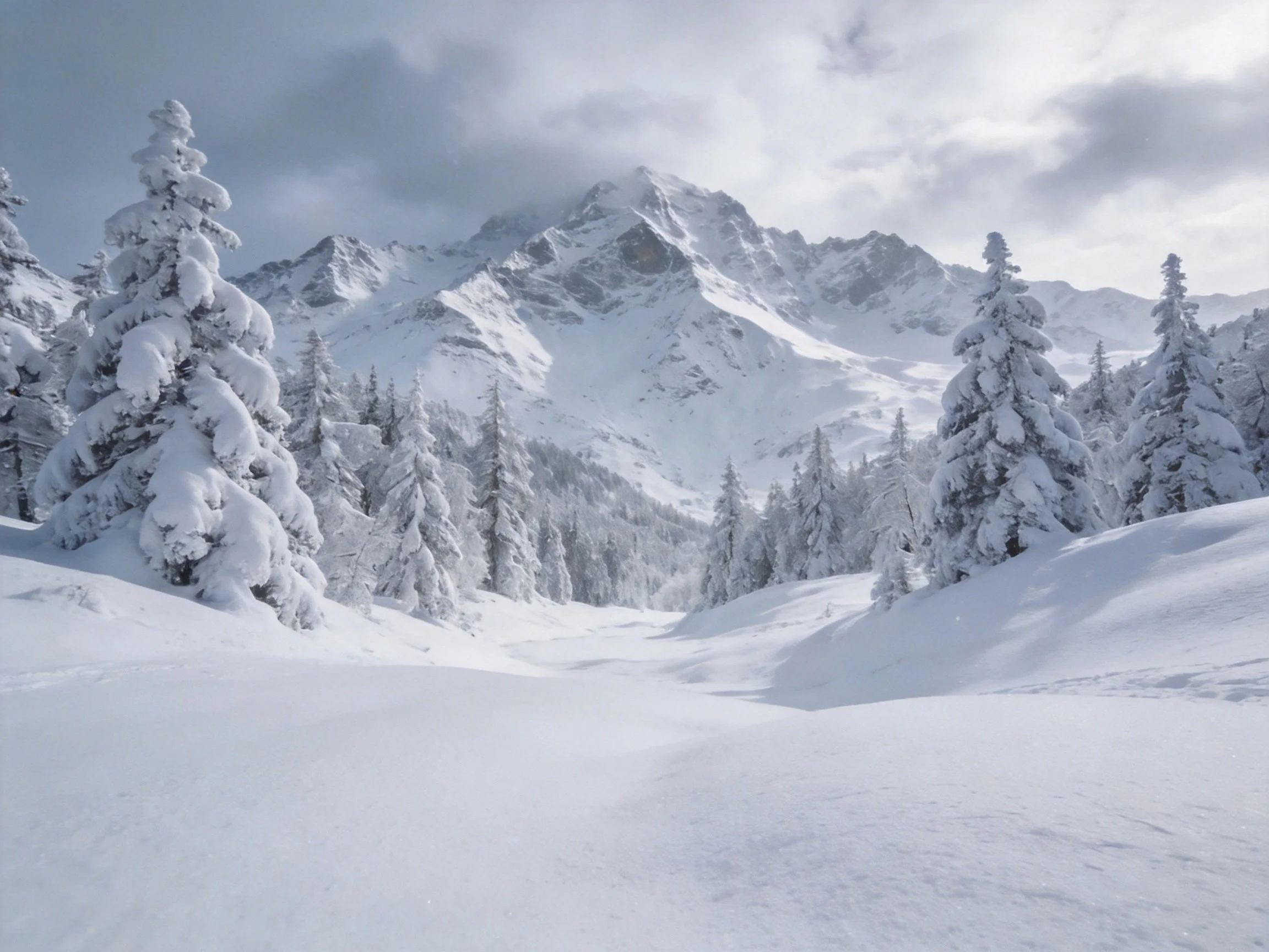 Snow-Covered Peaks and Frost-Laden Evergreens