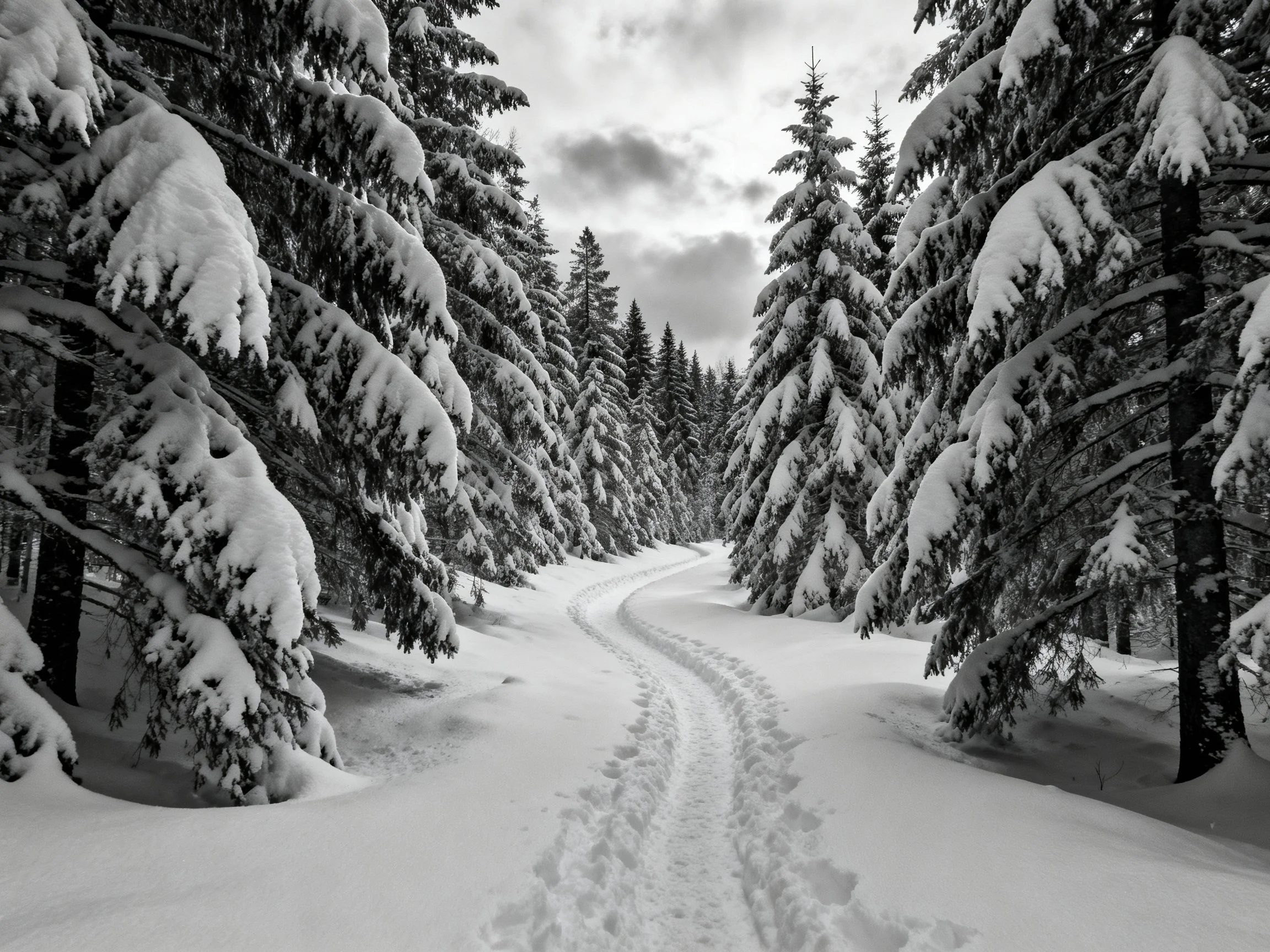 Snow-Covered Pine Forest with Winding Path