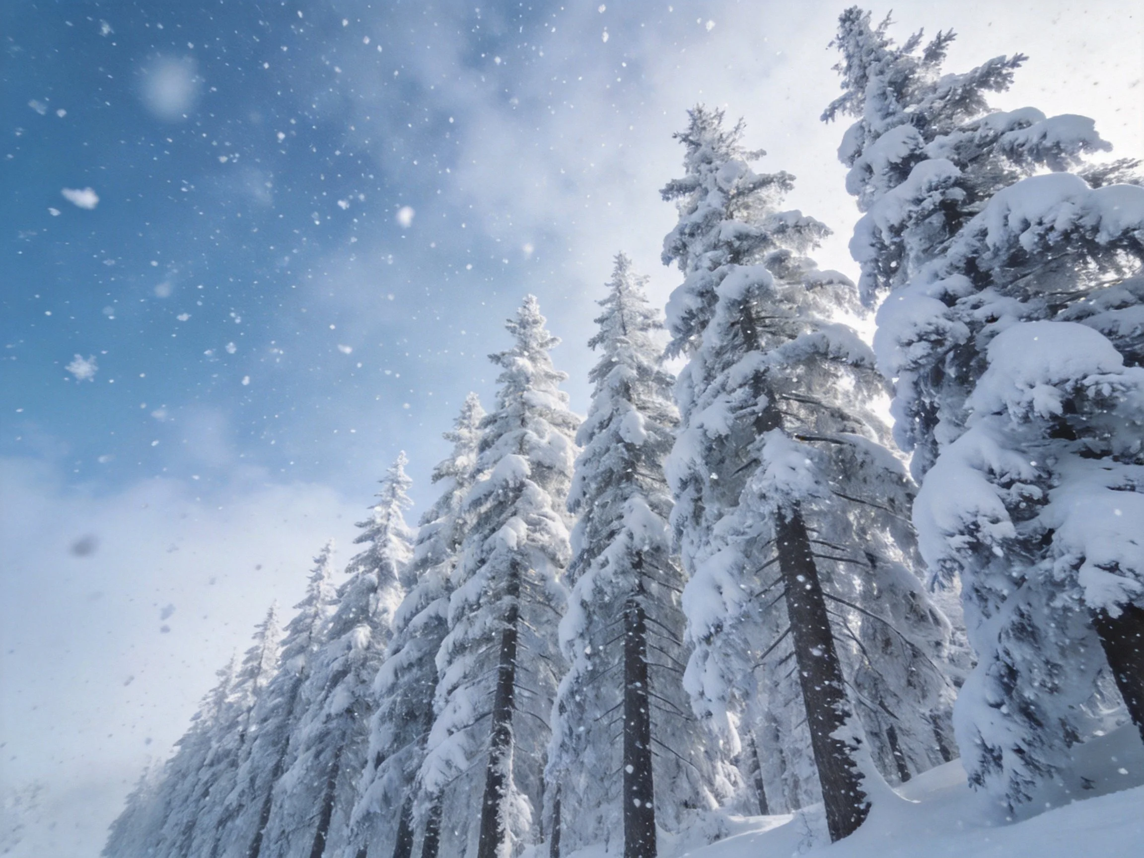 Snow-Covered Pine Trees Amidst Falling Snowflakes