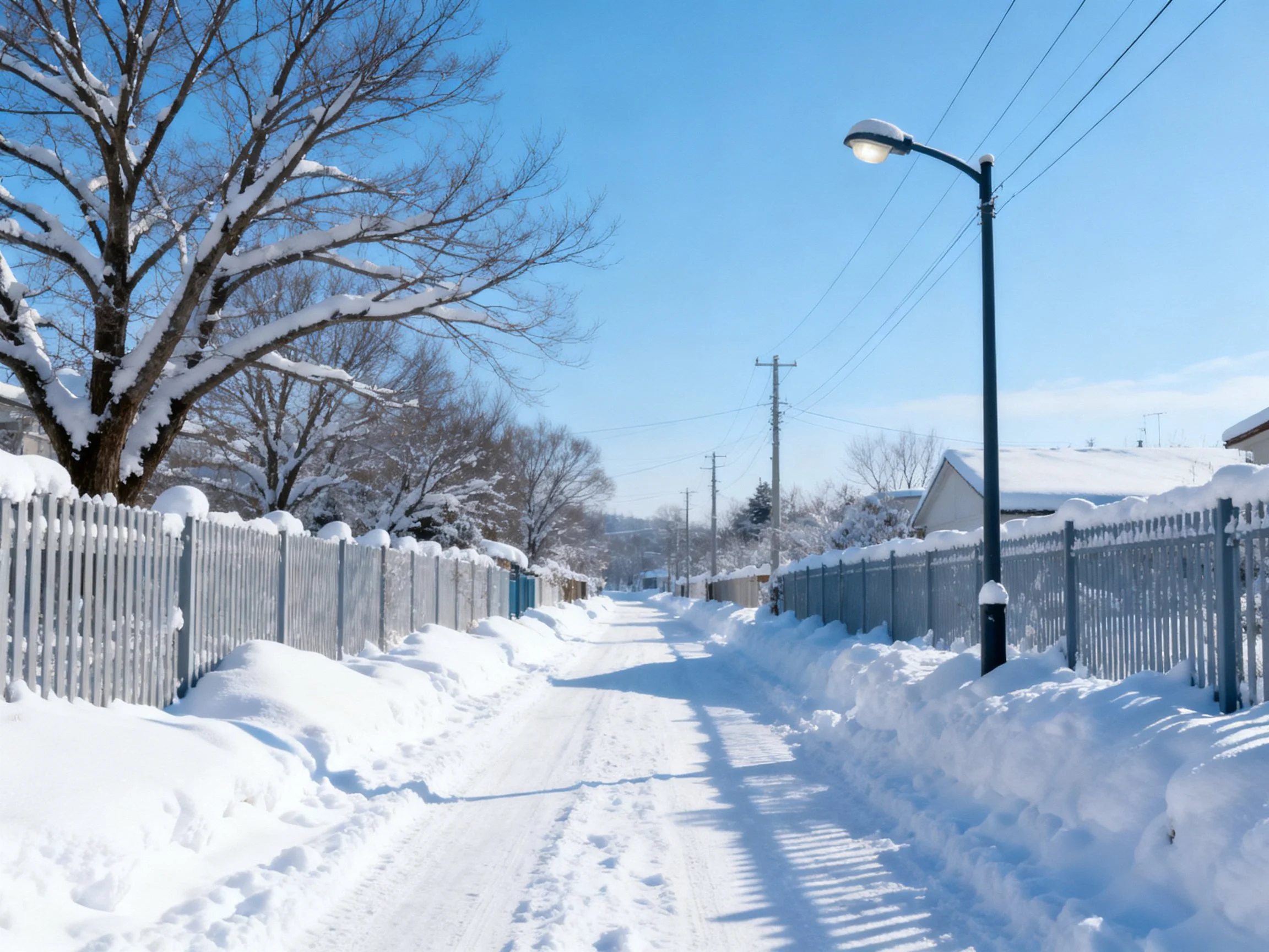 Snow-Covered Residential Pathway Under Clear Blue Sky