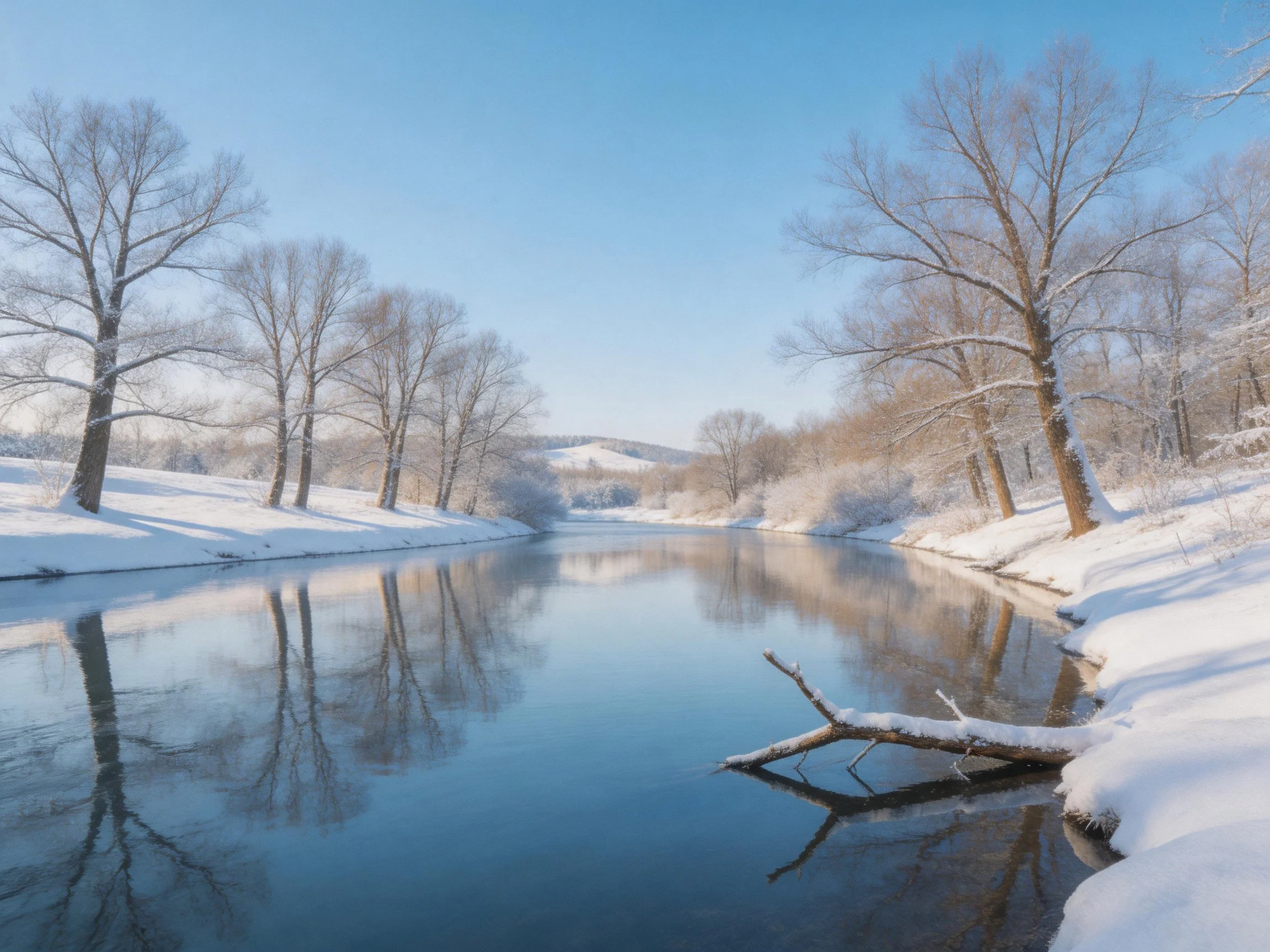 Snow-Covered Riverbank with Frosty Trees and Clear Blue Sky
