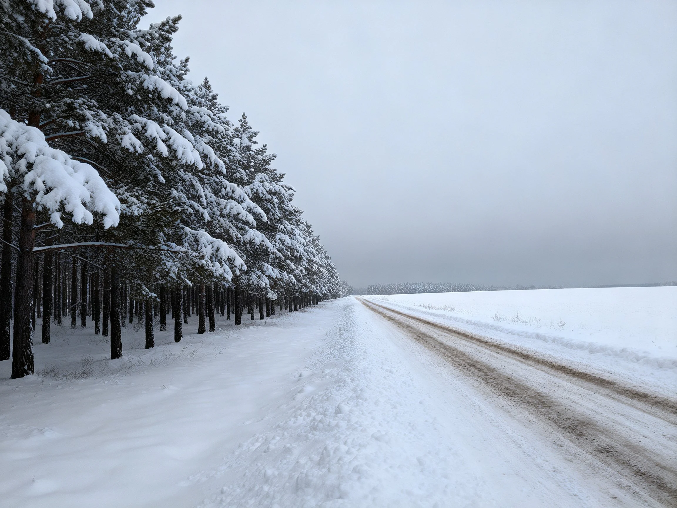 Snow-Covered Road Flanked by Snow-Laden Evergreen Trees