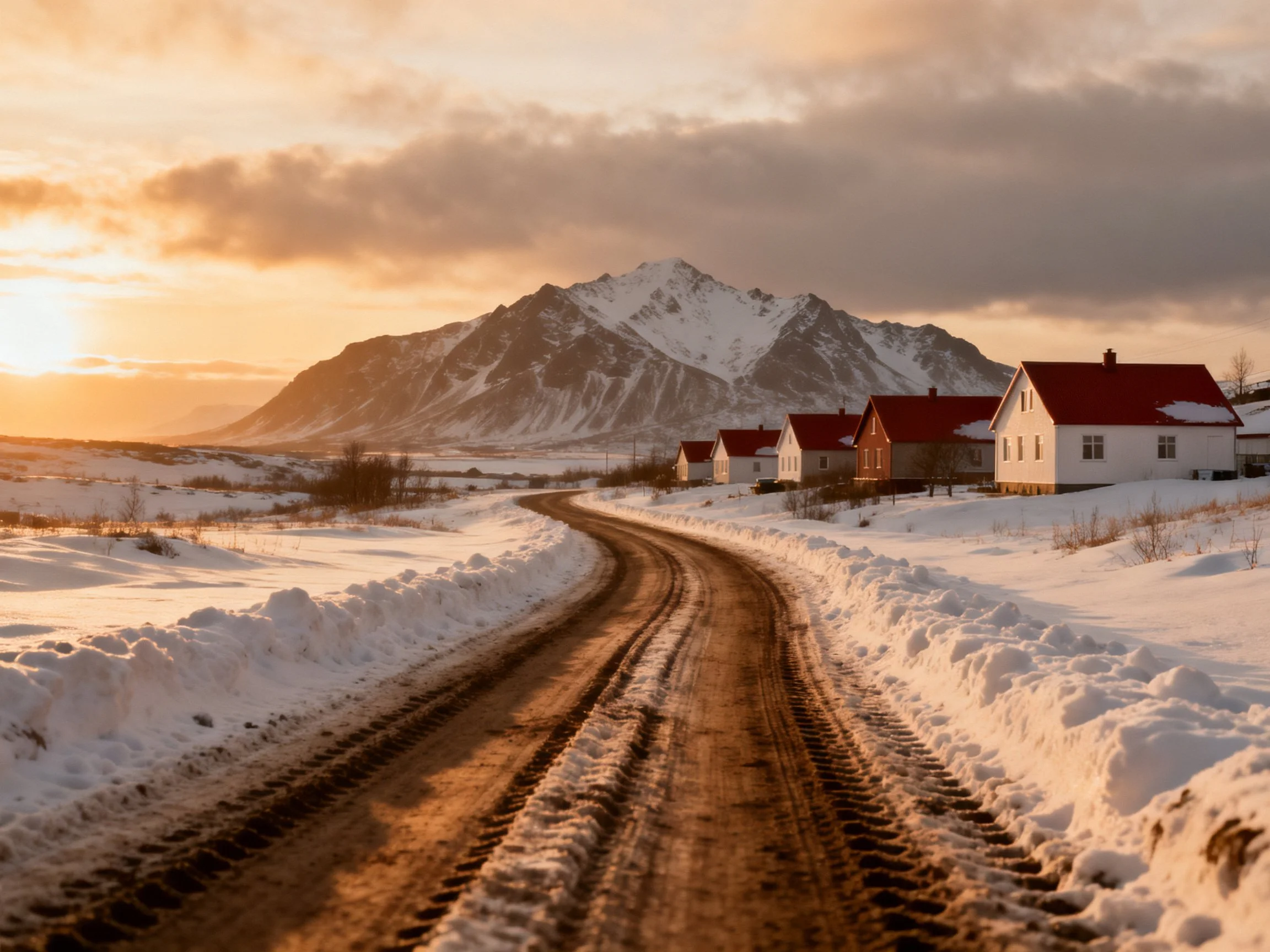 Snow-Covered Road Near Red-Roofed Houses by Mountain Sunset