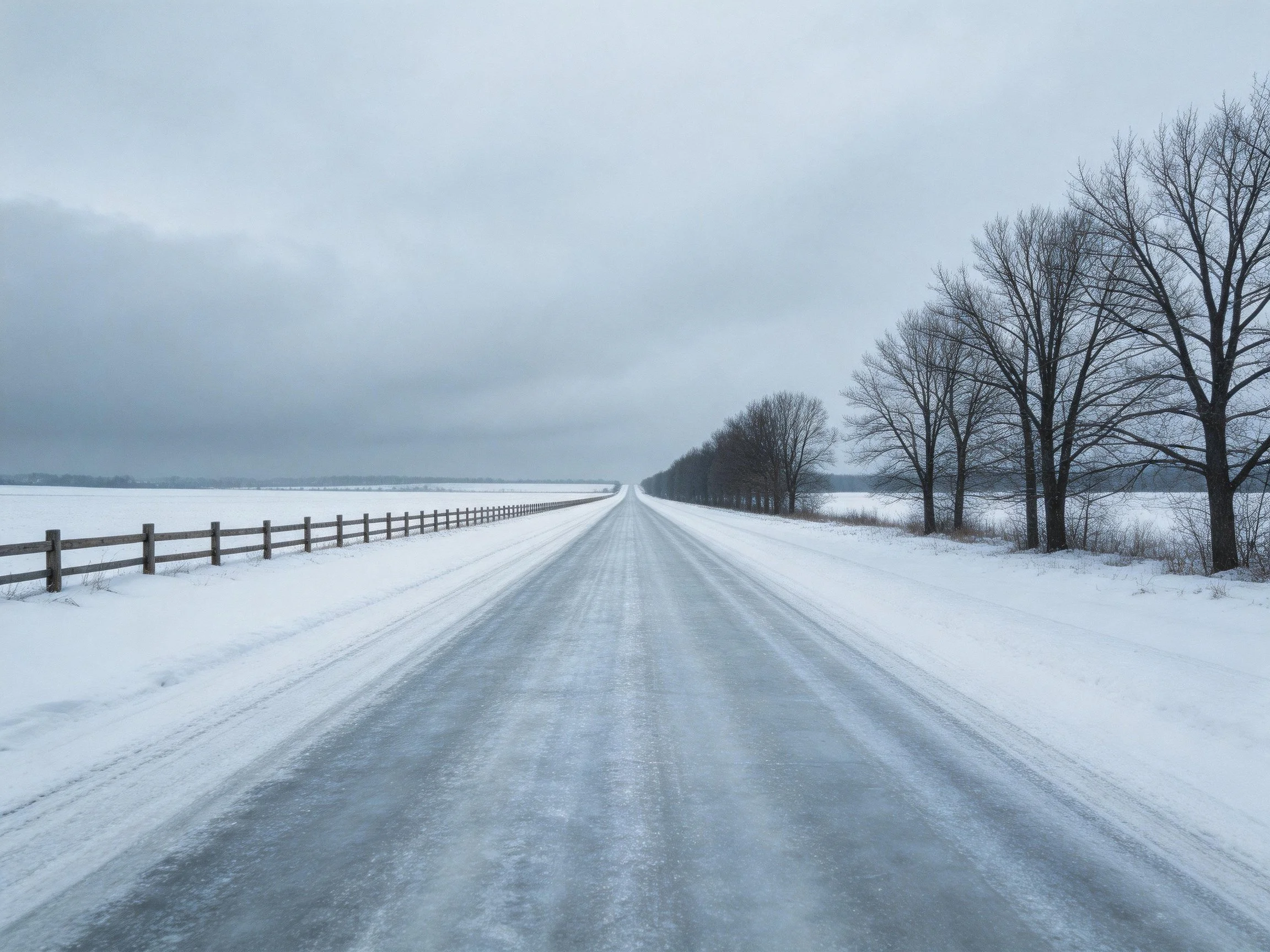 Snow-Covered Road Stretches Between Fence and Bare Winter Trees
