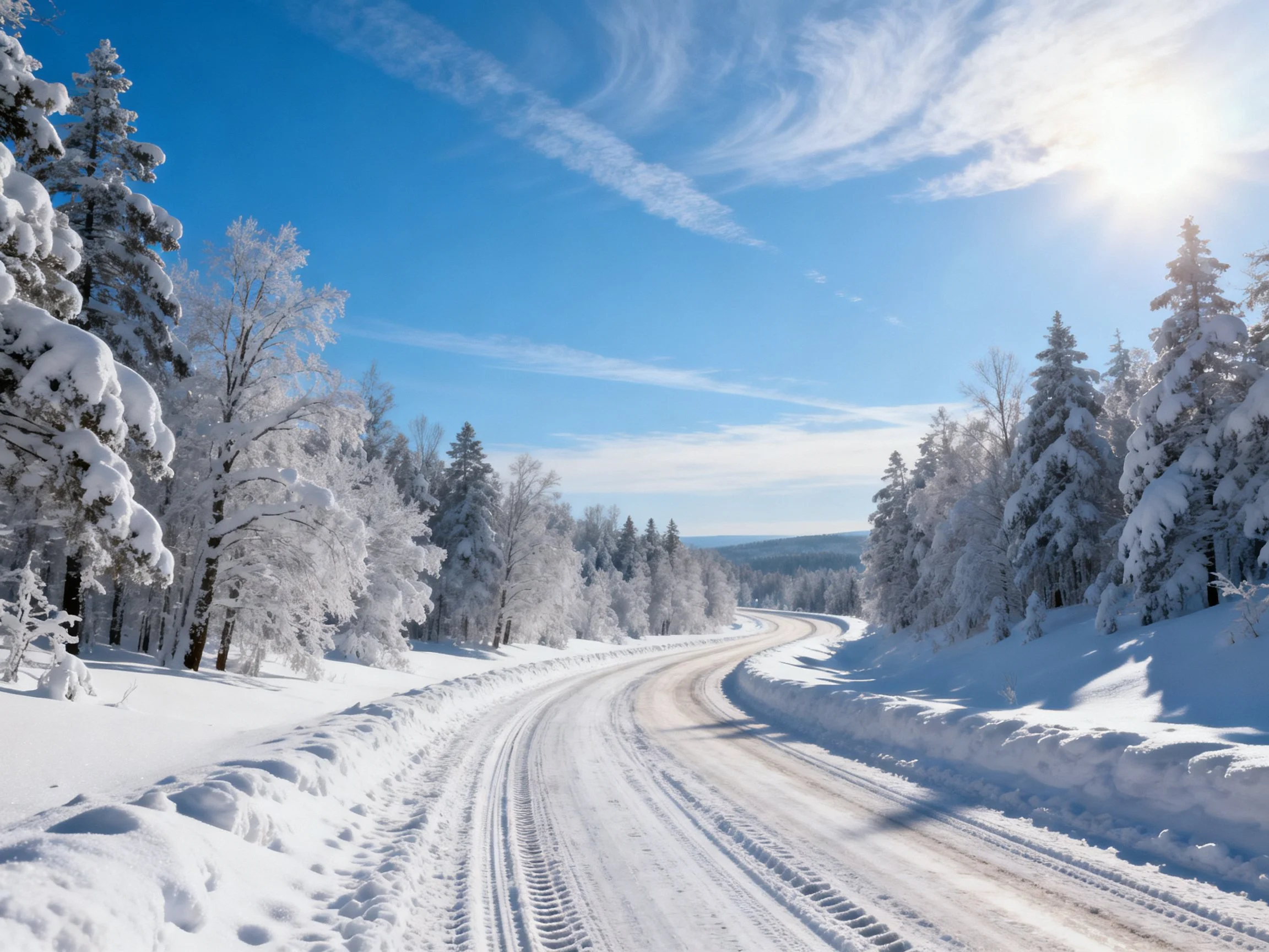 Snow-Covered Road Through Frosty Forest Under Bright Blue Sky