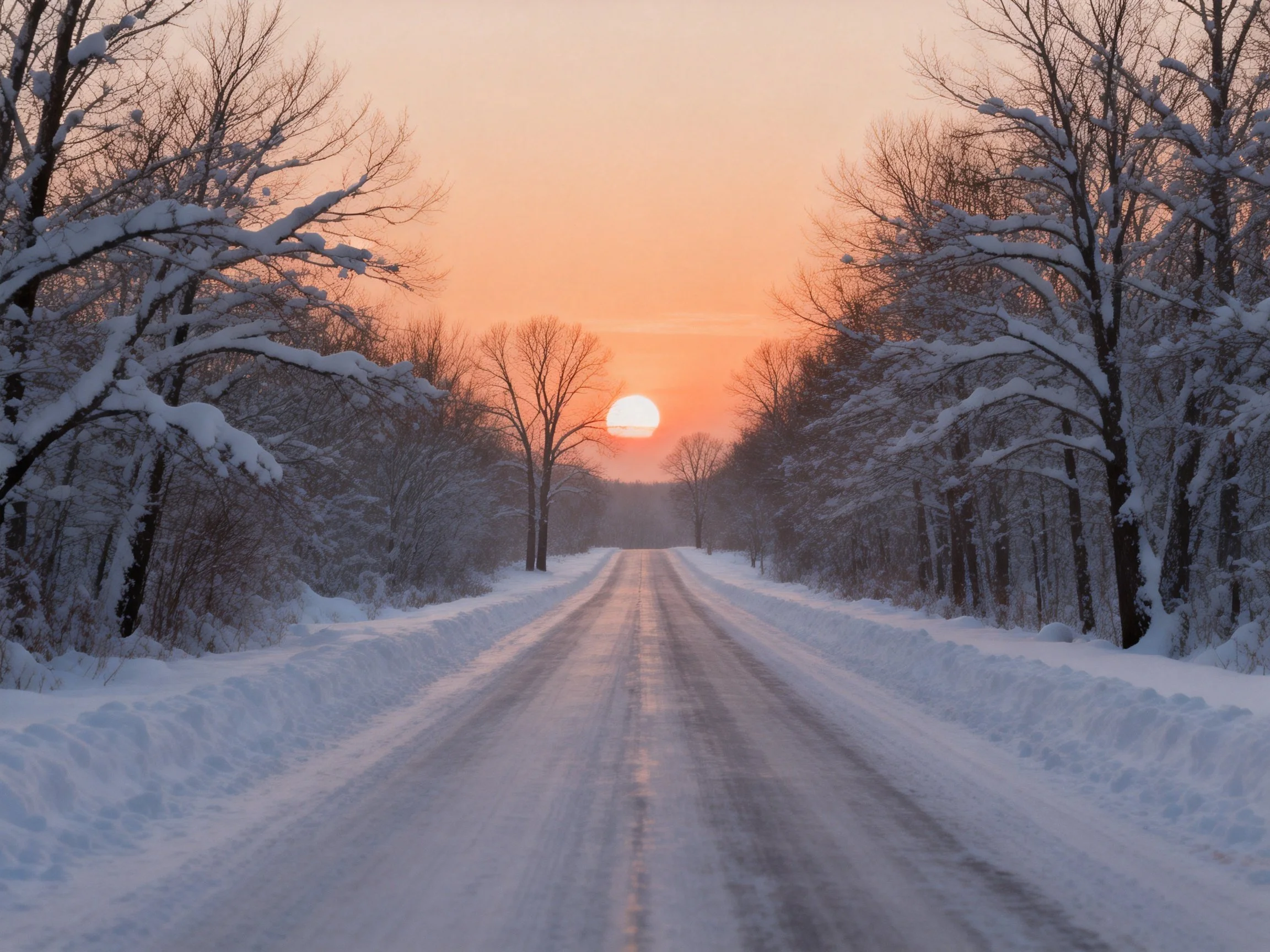 Snow-Covered Road Through Snow-Laden Forest at Sunset