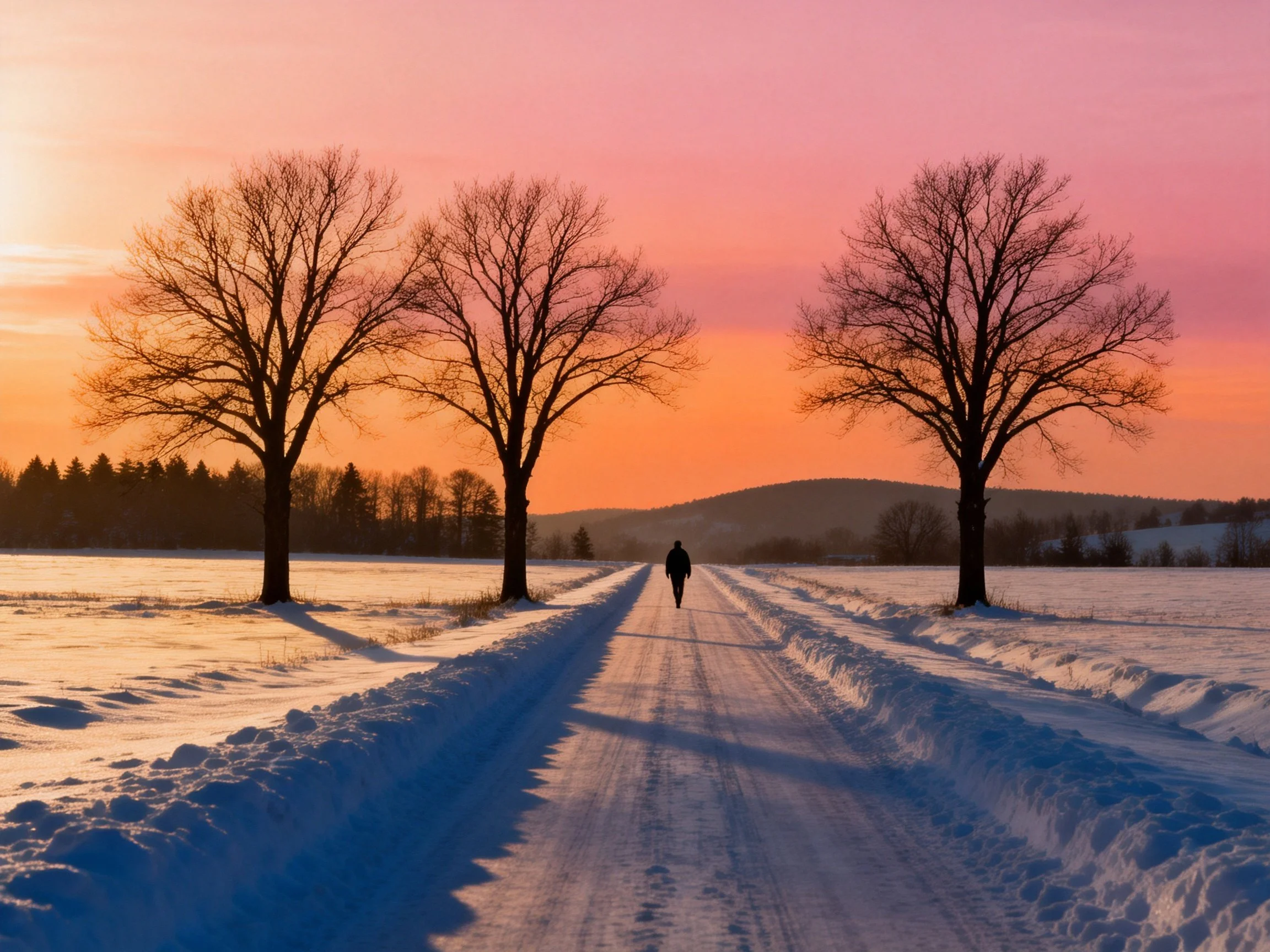Snow-Covered Road with Three Bare Trees at Sunset