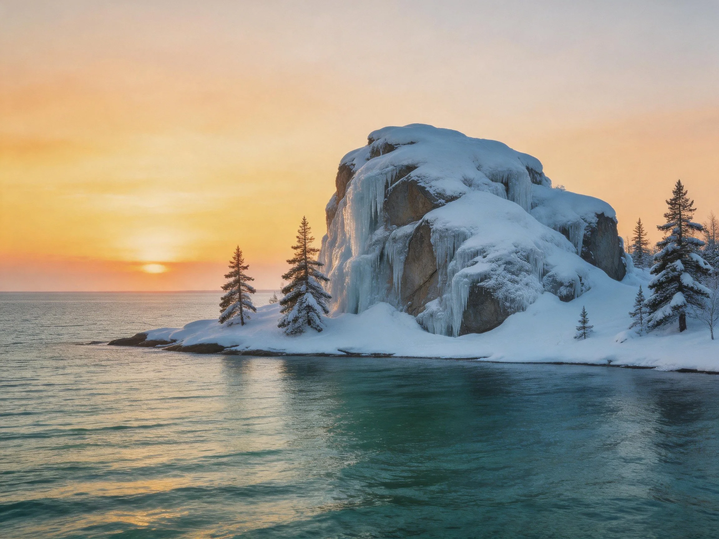 Snow-Covered Rock Formation by Frozen Waters at Sunset