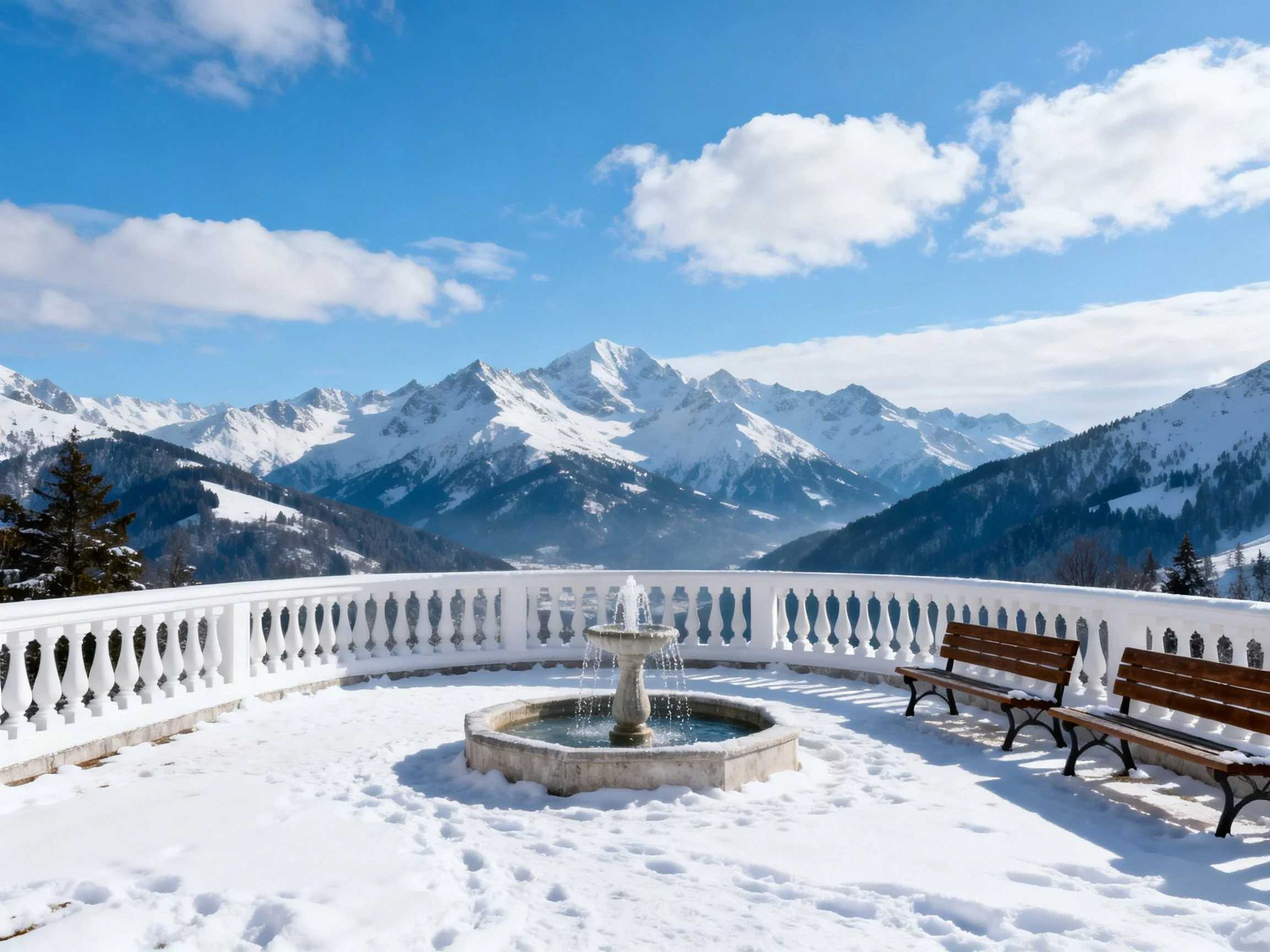 Snow-Covered Terrace with Fountain and Mountain Vista