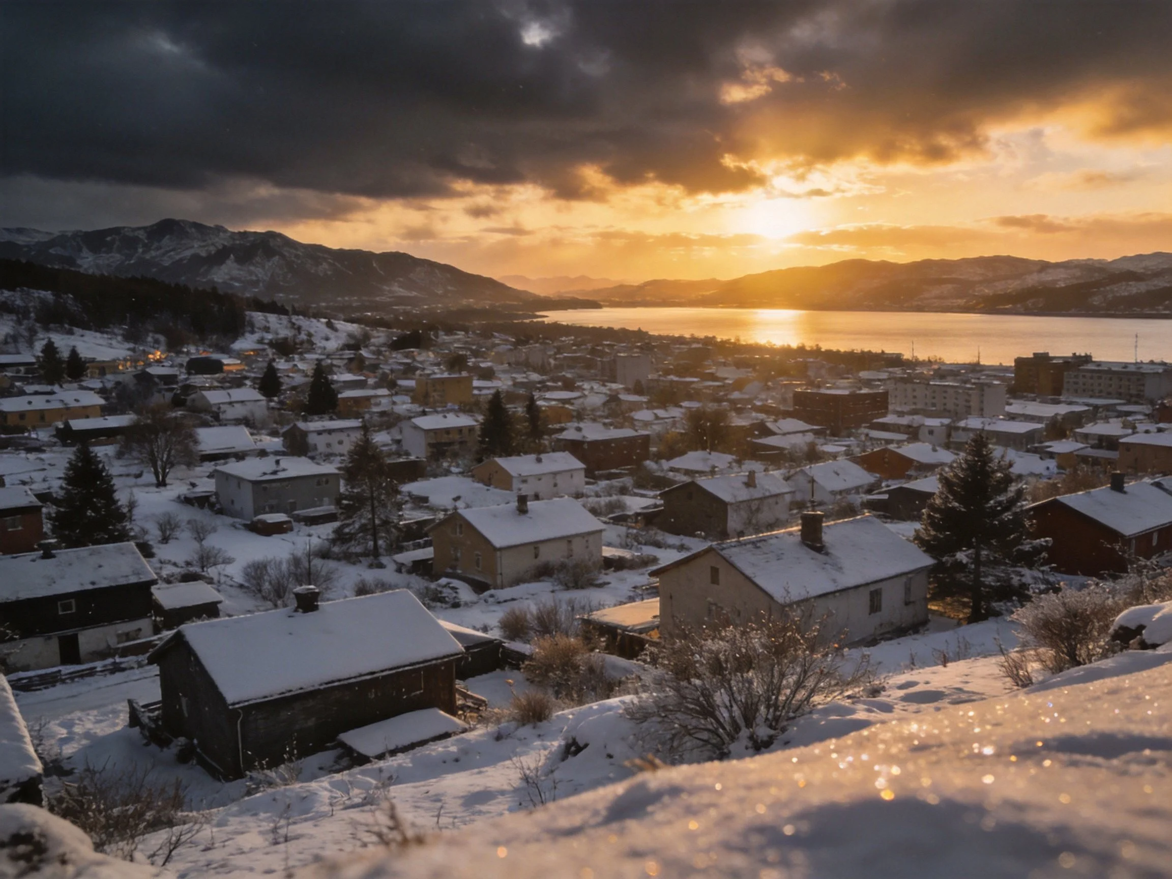 Snow-Covered Town at Sunset With Mountain Lake View