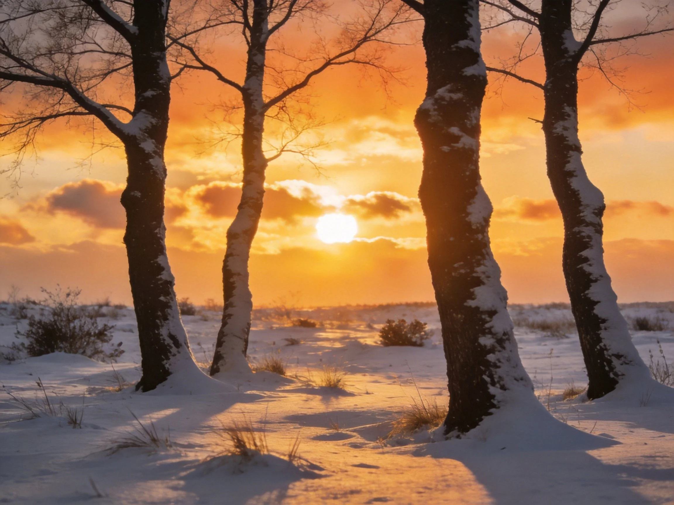 Snow-Covered Trees Under a Vibrant Orange Winter Sunset