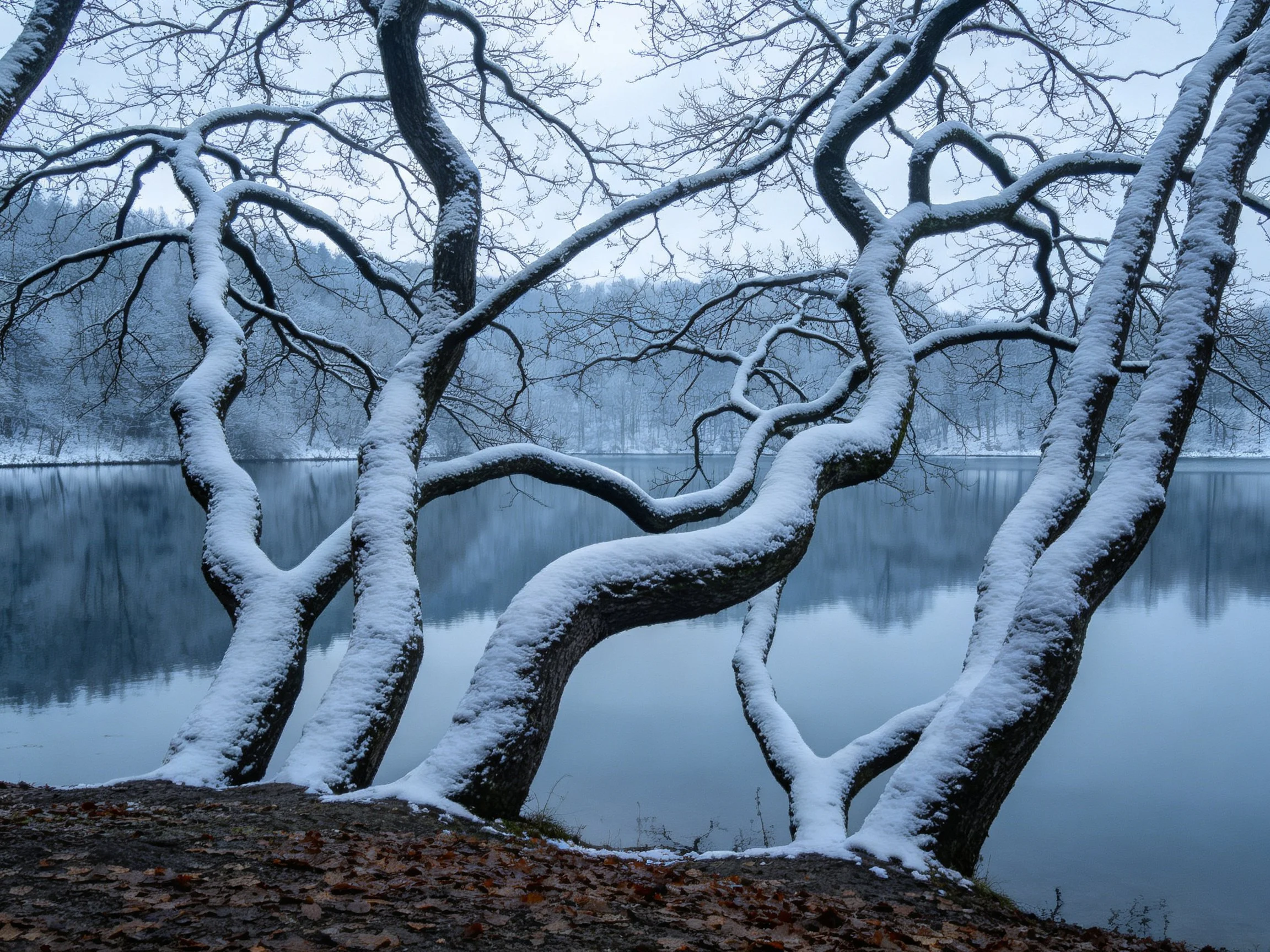 Snow-Covered Twisted Trees by a Still Winter Lake