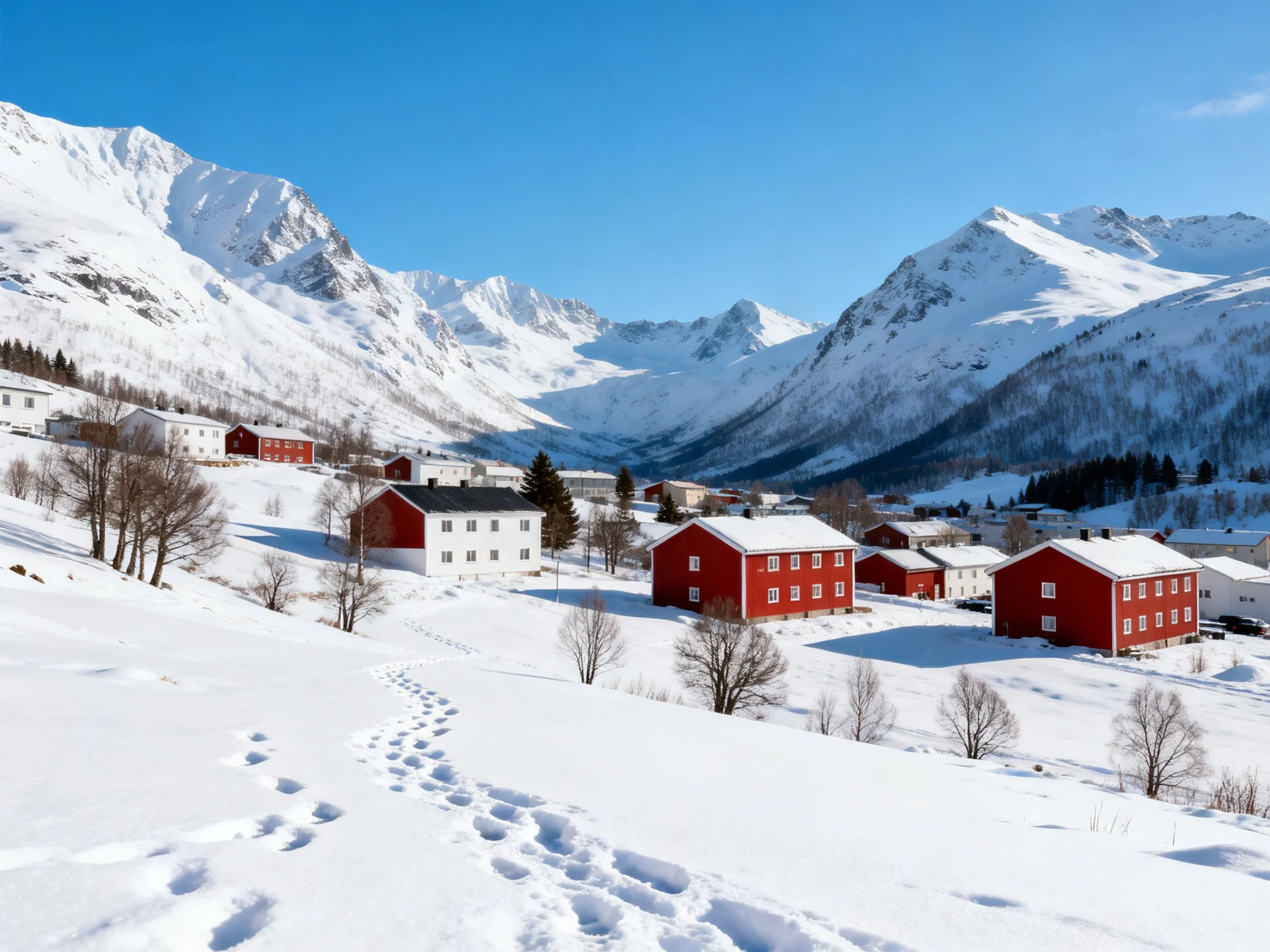 Snow-Covered Valley With Red and White Buildings Near Majestic Mountains