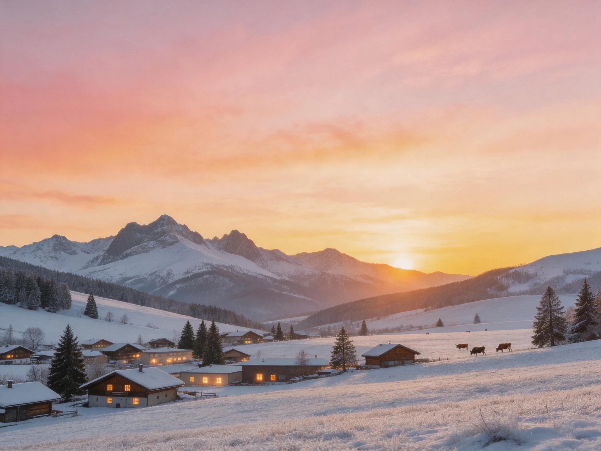 Snow-Covered Village Near Snow-Capped Mountains at Sunset