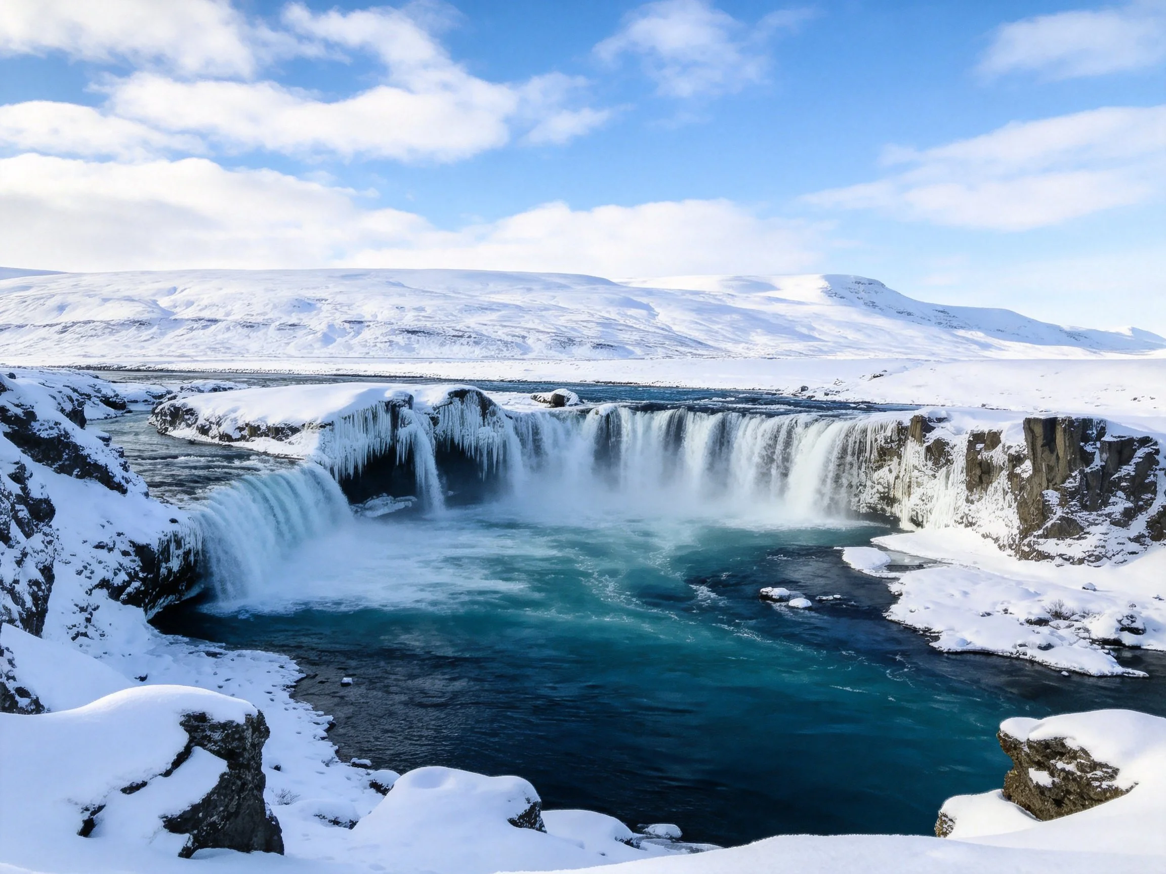 Snow-Covered Waterfall with Icy Formations and Blue Pool