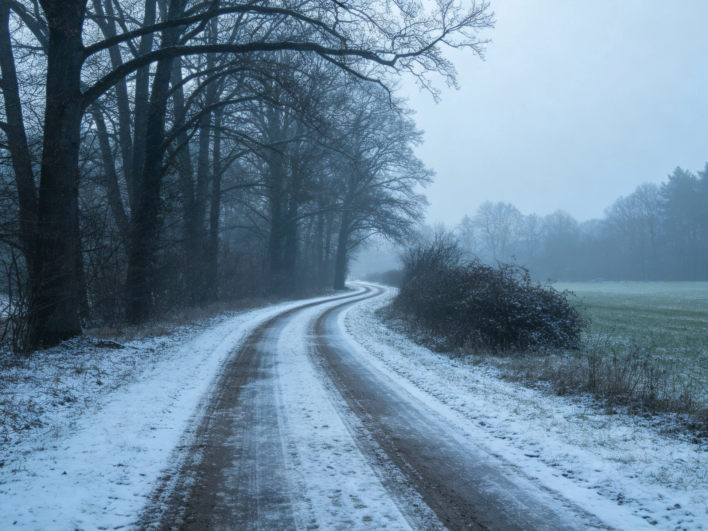 Snow-Covered Winding Road Among Bare Trees and Foggy Fields