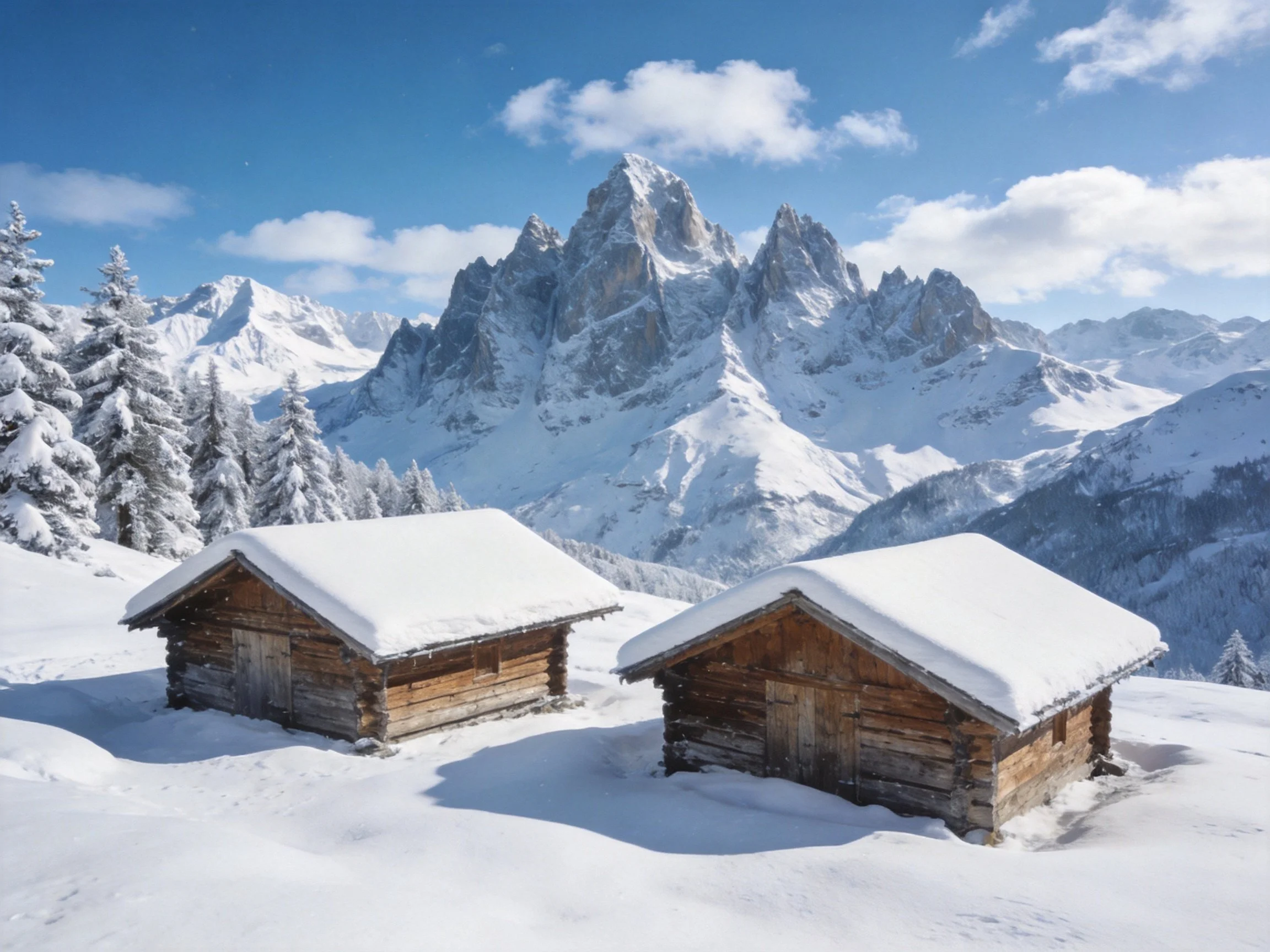 Snow-Covered Wooden Cabins Amidst Snow-Laden Peaks and Evergreens