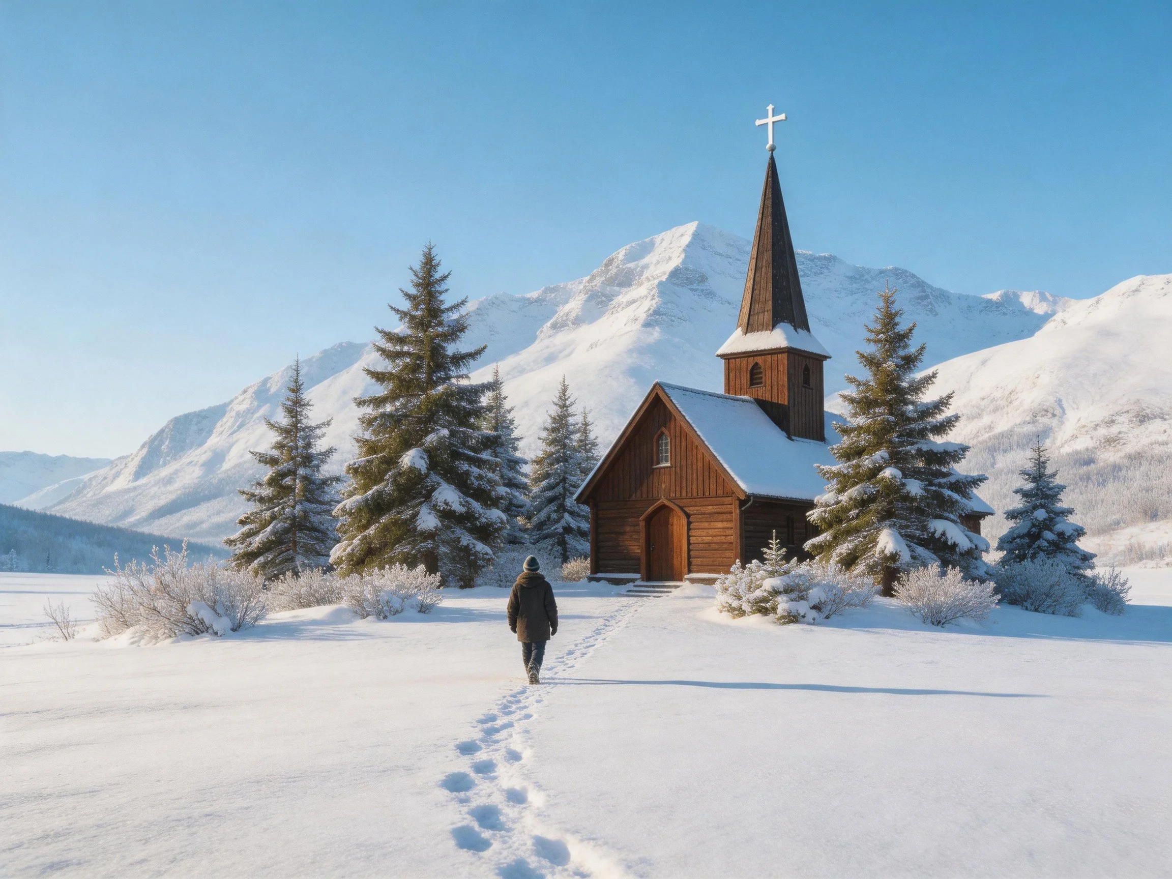 Snow-Covered Wooden Church Near Snow-Capped Mountains