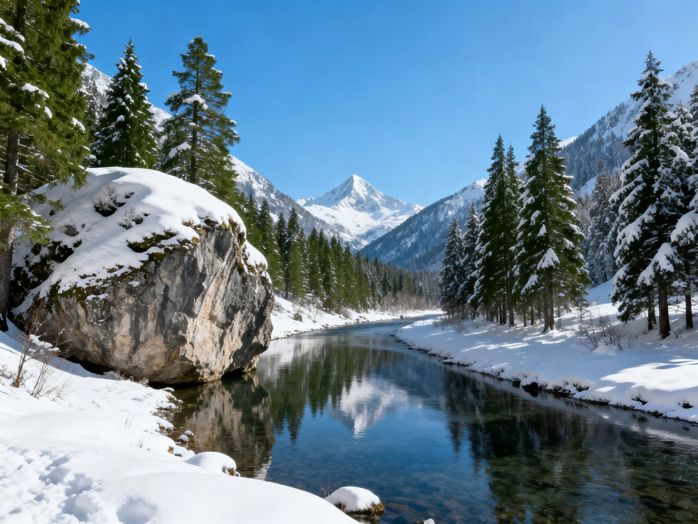 Snow-Draped Valley with River, Pine Trees, and Snow-Capped Peaks