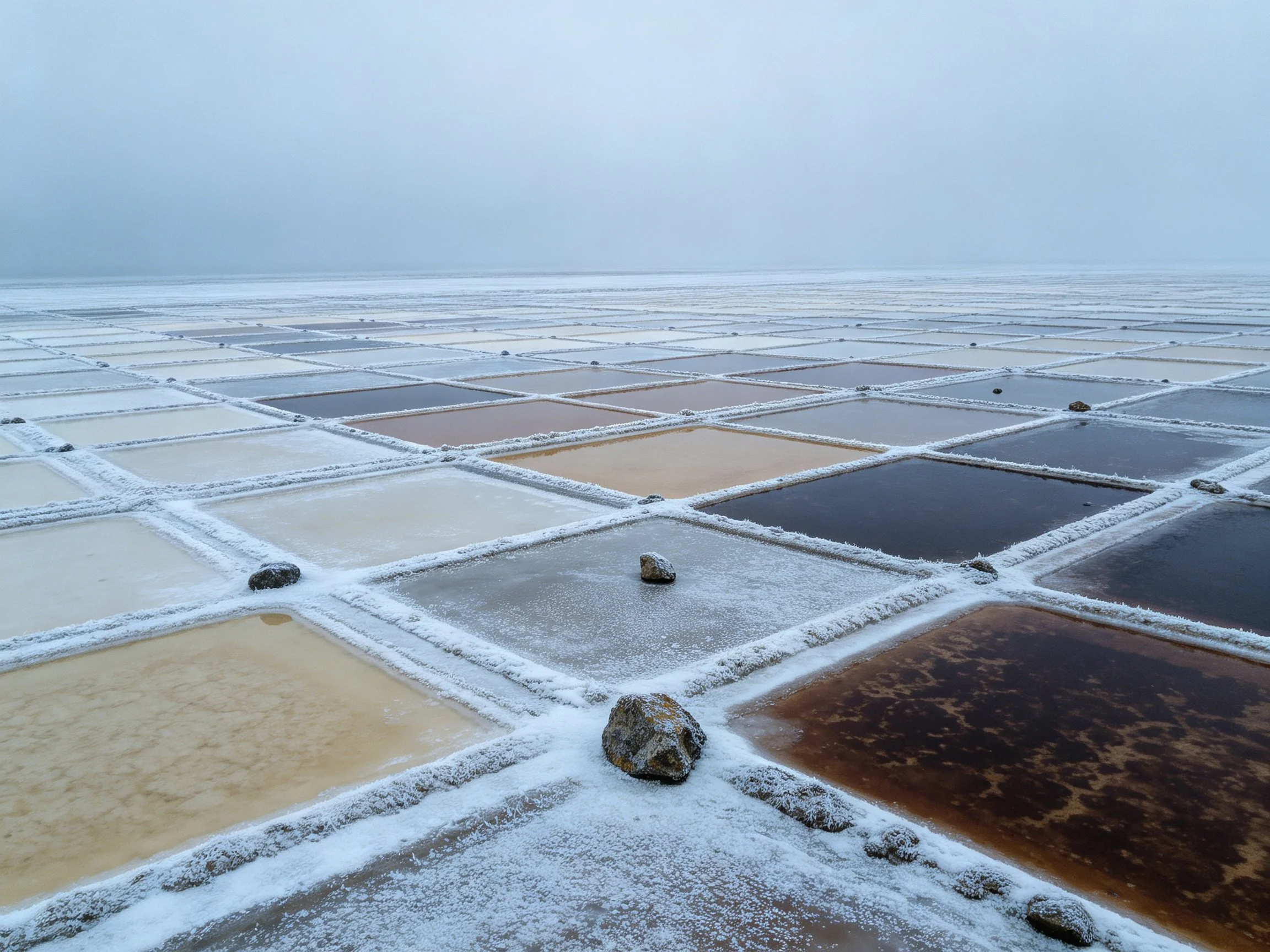 Snow-Dusted Salt Evaporation Ponds with Varied Colored Brine