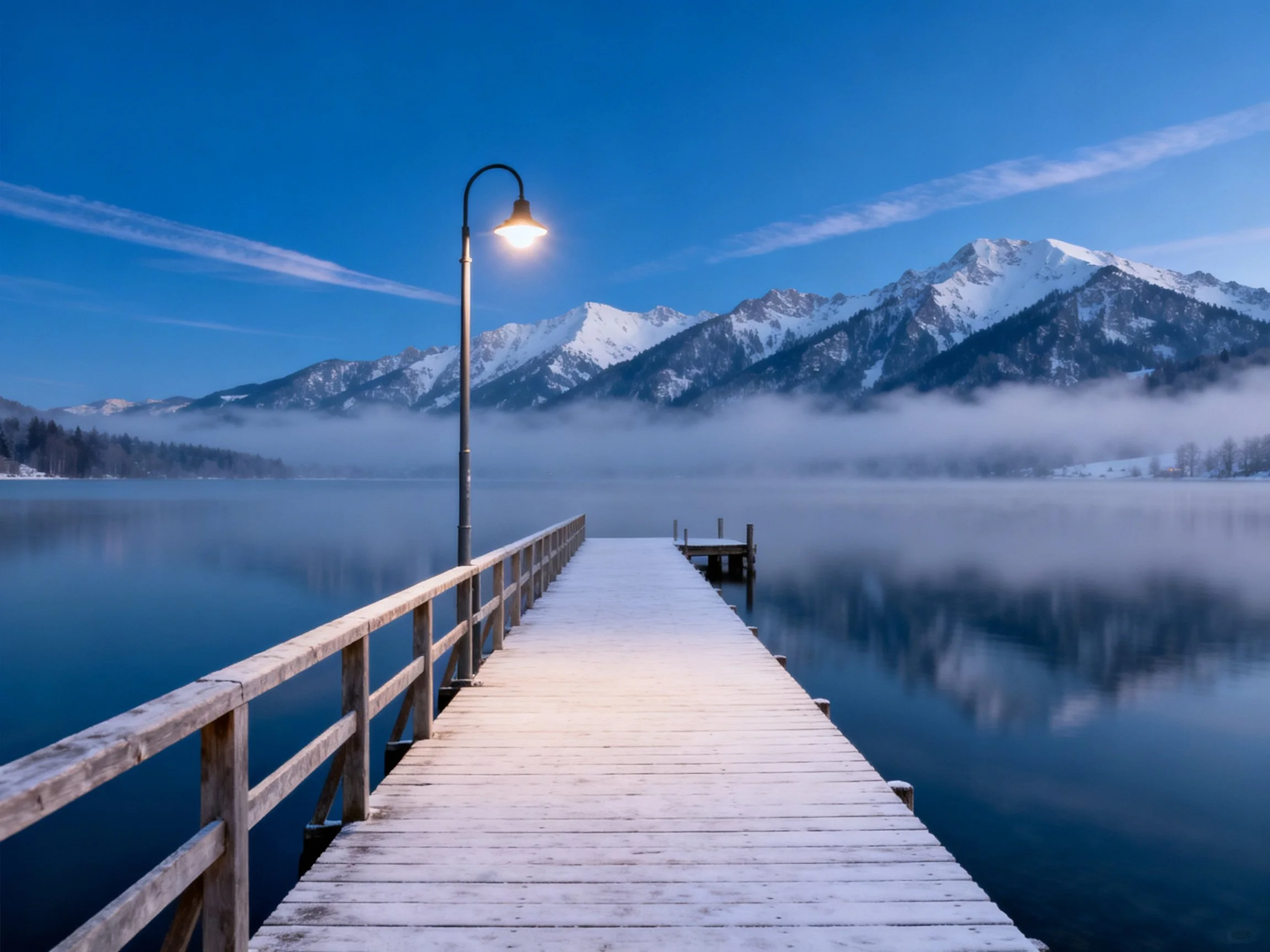 Snow-Dusted Wooden Pier Over Calm Lake Toward Snow-Capped Peaks
