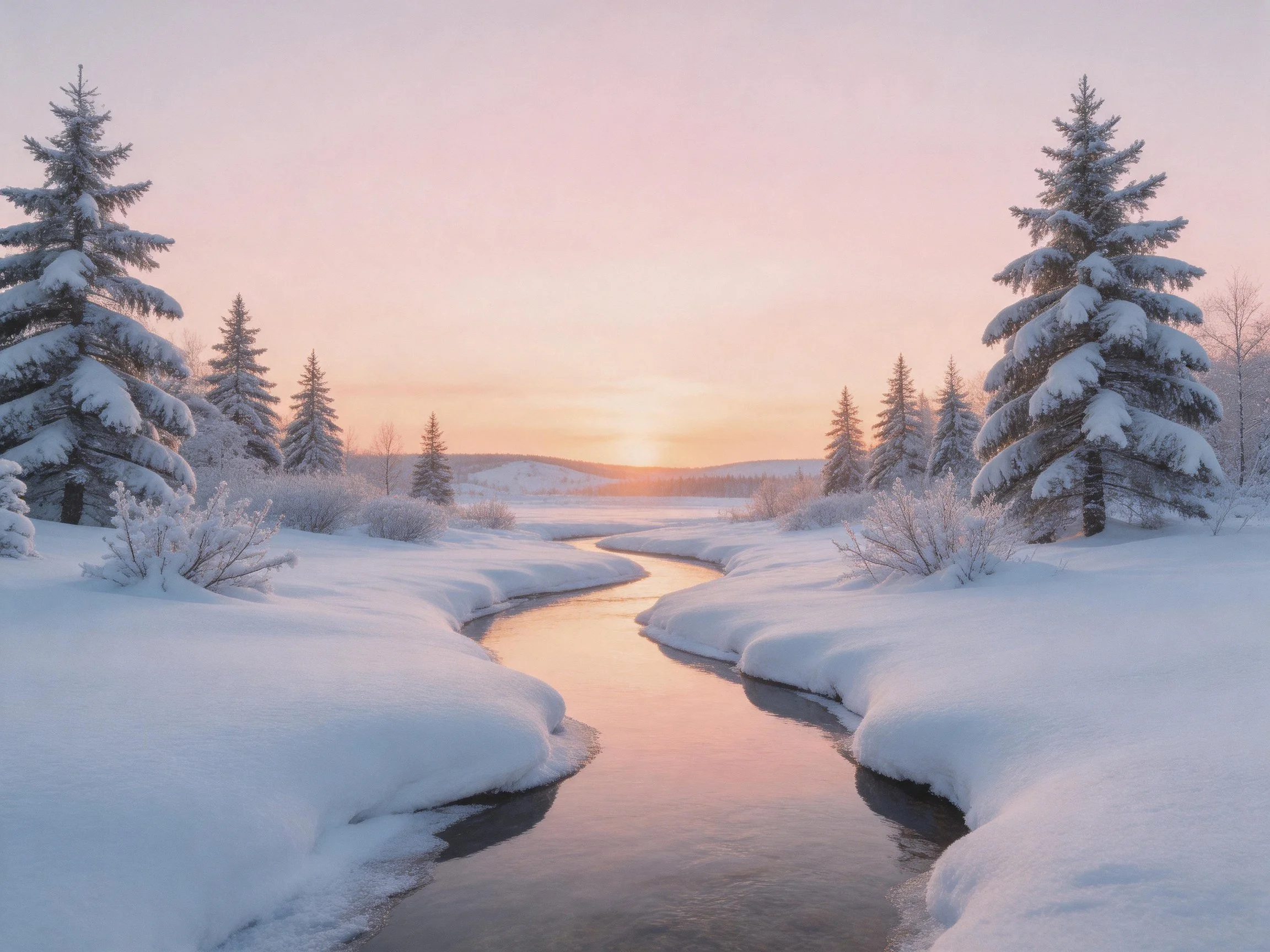 Snow-Laden Evergreen Forest Stream at Dawn