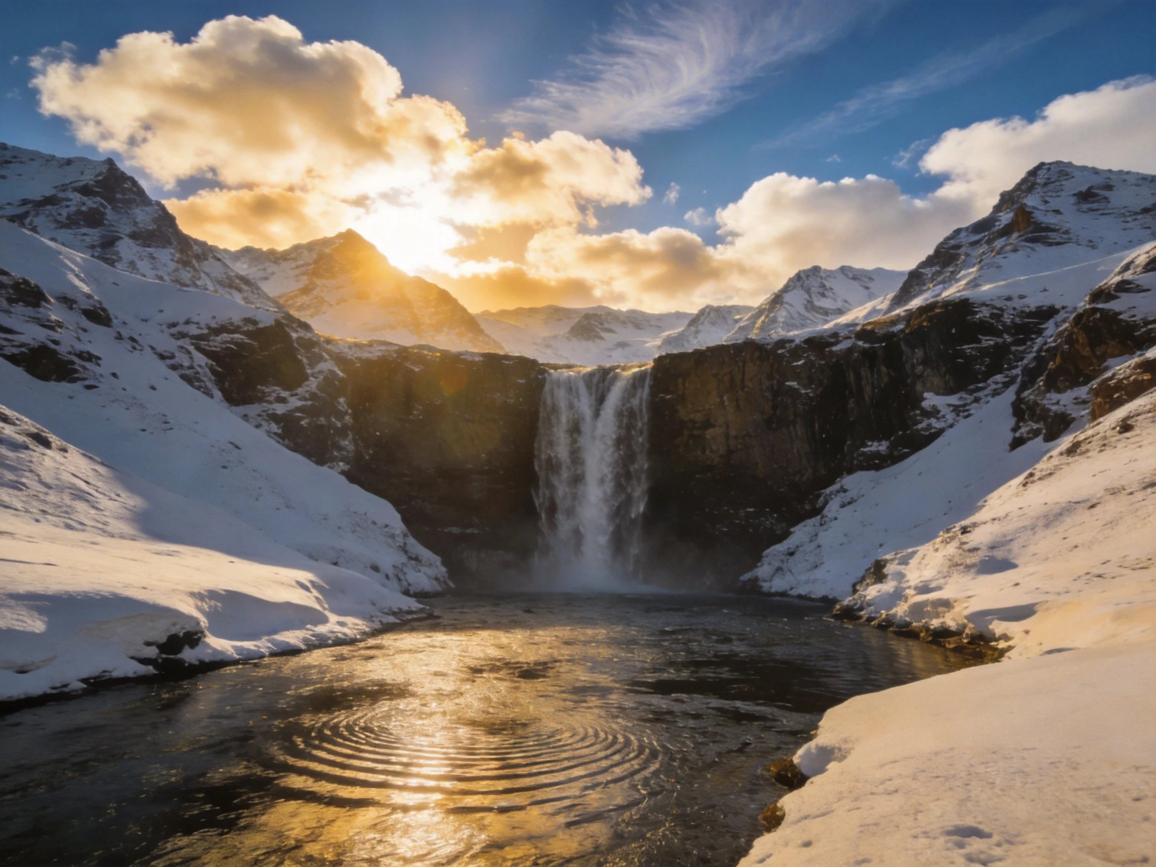 Snow-Laden Peaks With Golden Sunset Waterfall