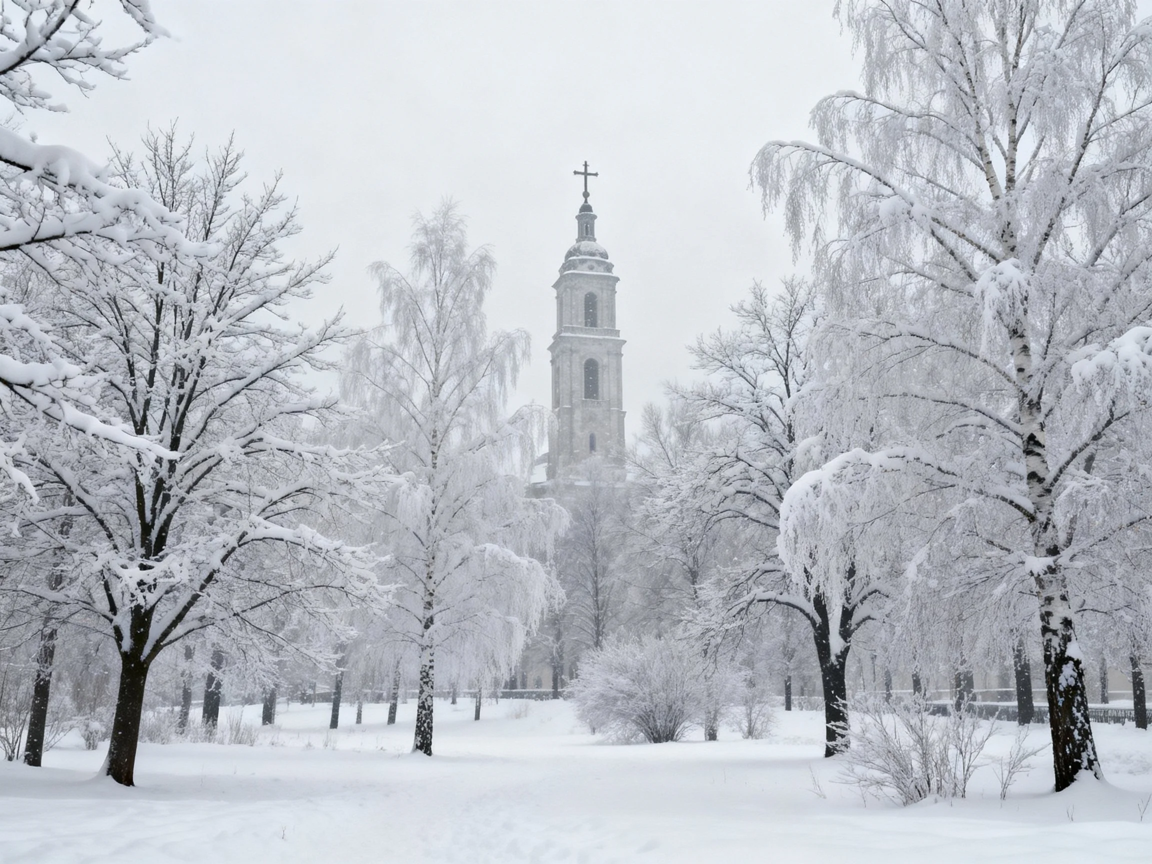 Snow-Laden Trees Encircle a Tall Tower Amidst Winter