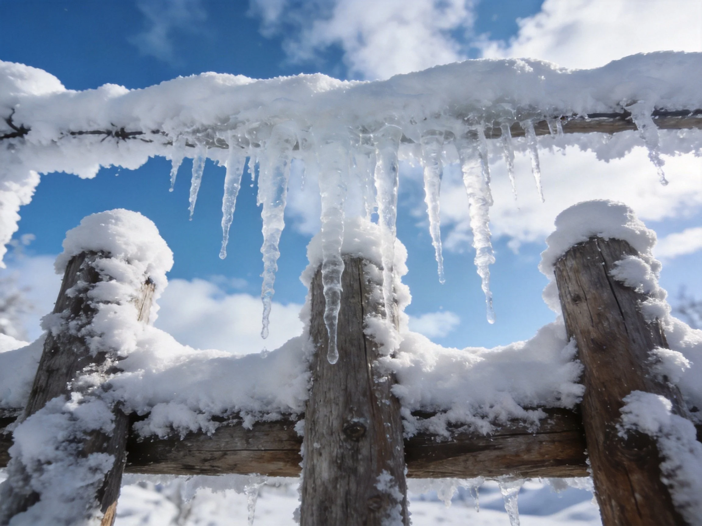 Snow-Laden Wooden Fence with Long Icicle Formation