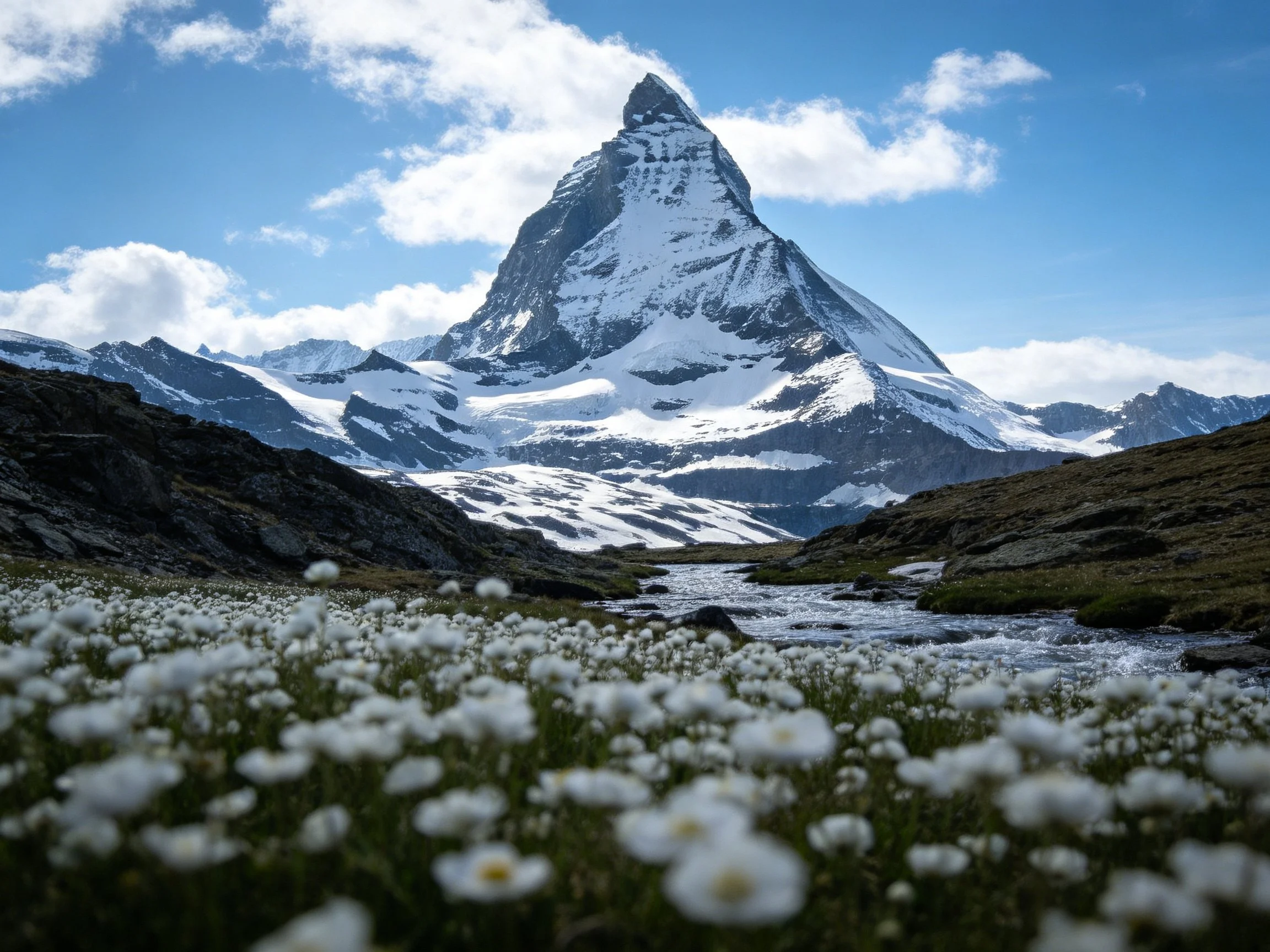 Snow-capped Matterhorn rises above alpine meadow and winding stream