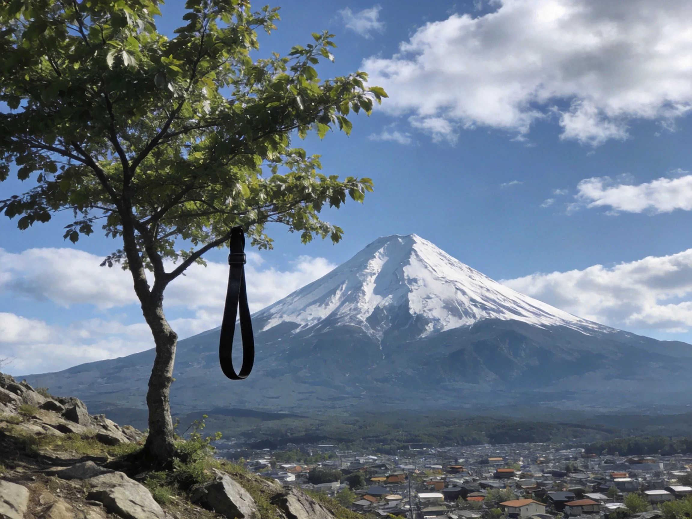 Snow-capped Mount Fuji behind a leafy tree with a hanging strap