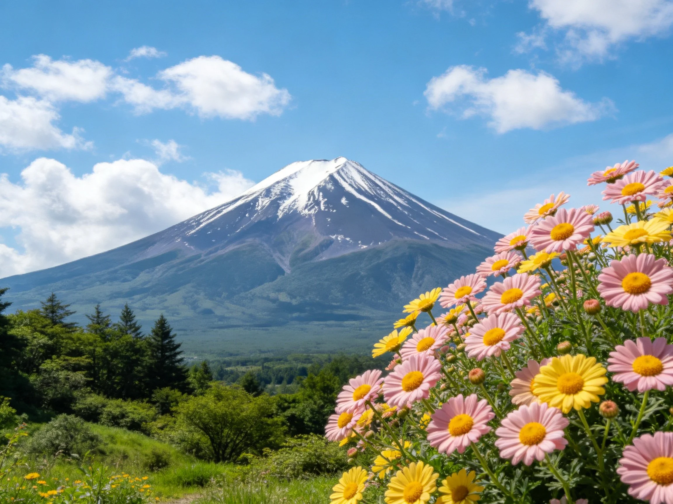 Snow-capped Mount Fuji behind pink and yellow wildflowers