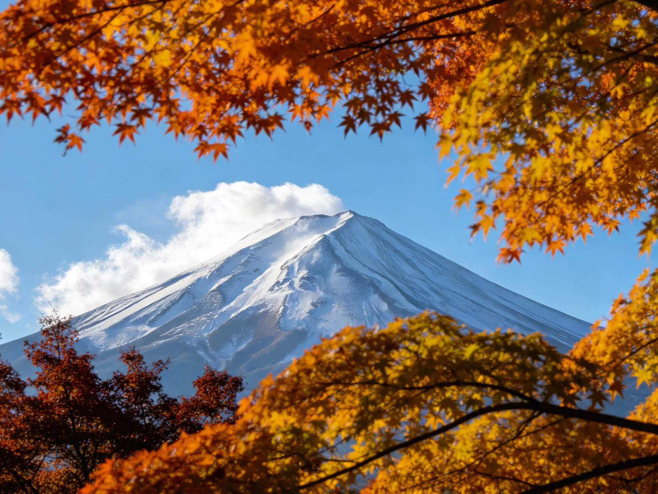 Snow-capped Mount Fuji framed by vibrant autumn foliage
