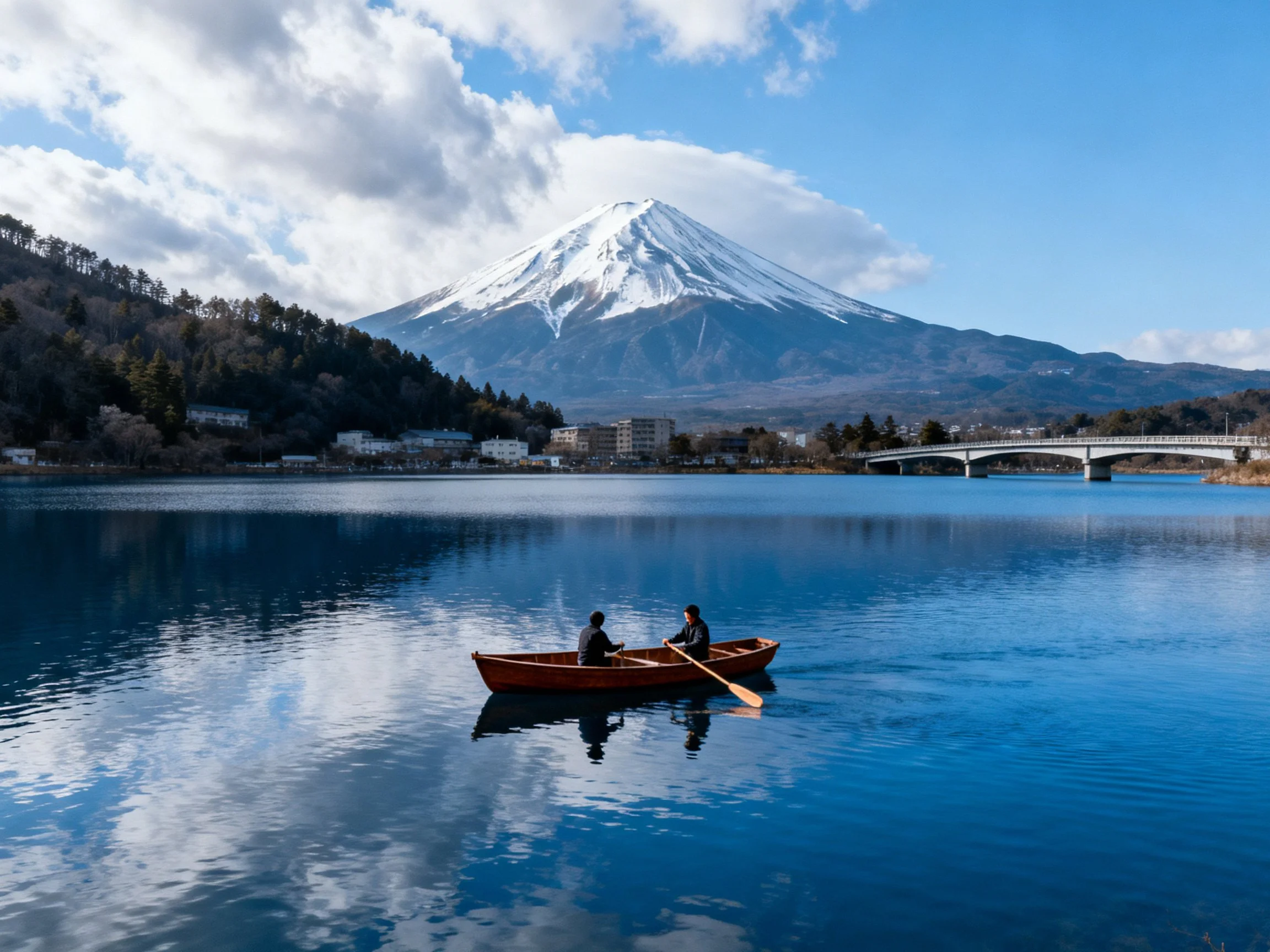 Snow-capped Mount Fuji overlooks a serene blue lake with rowers