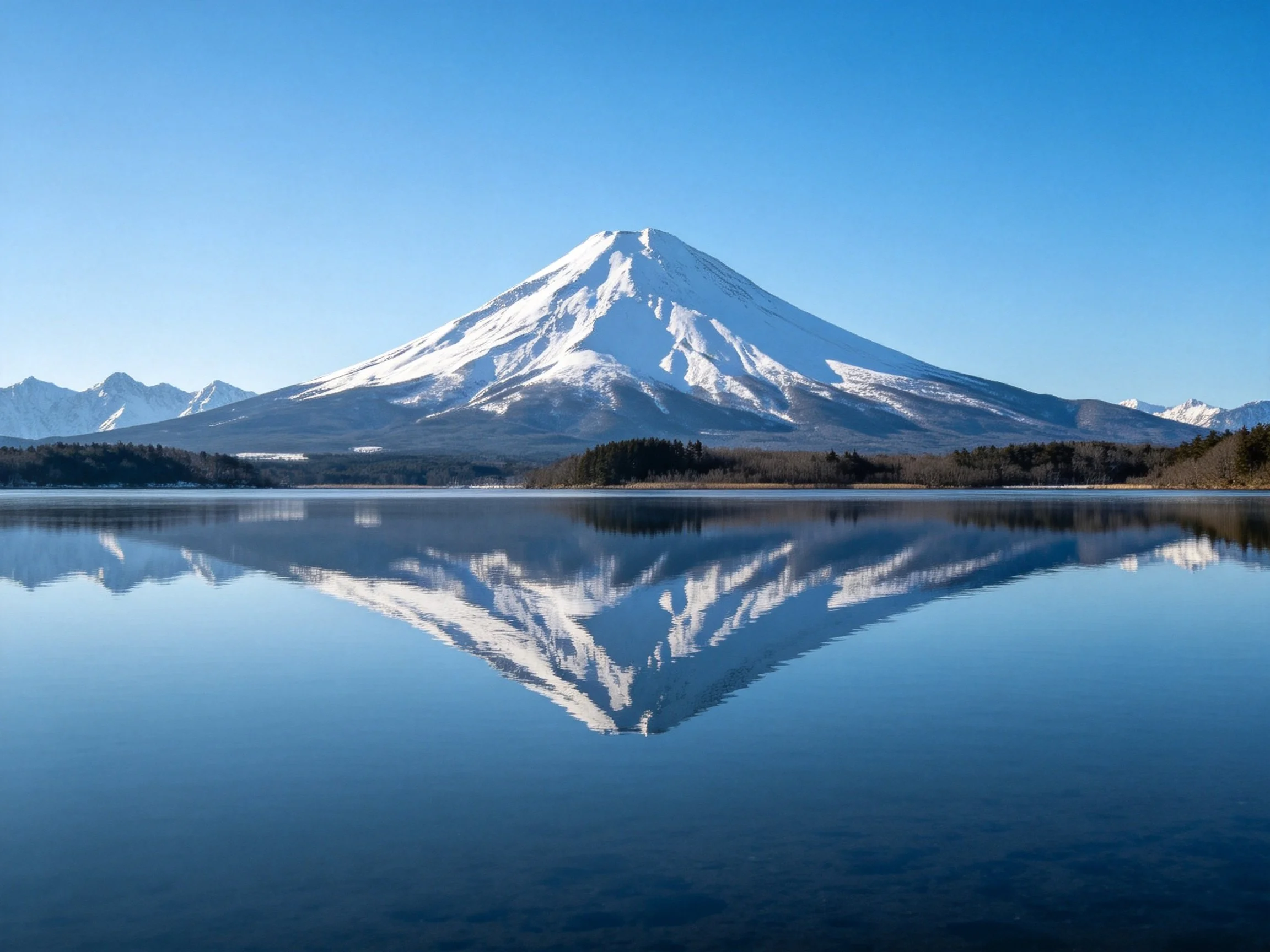 Snow - capped Mount Fuji reflected in serene blue lake waters