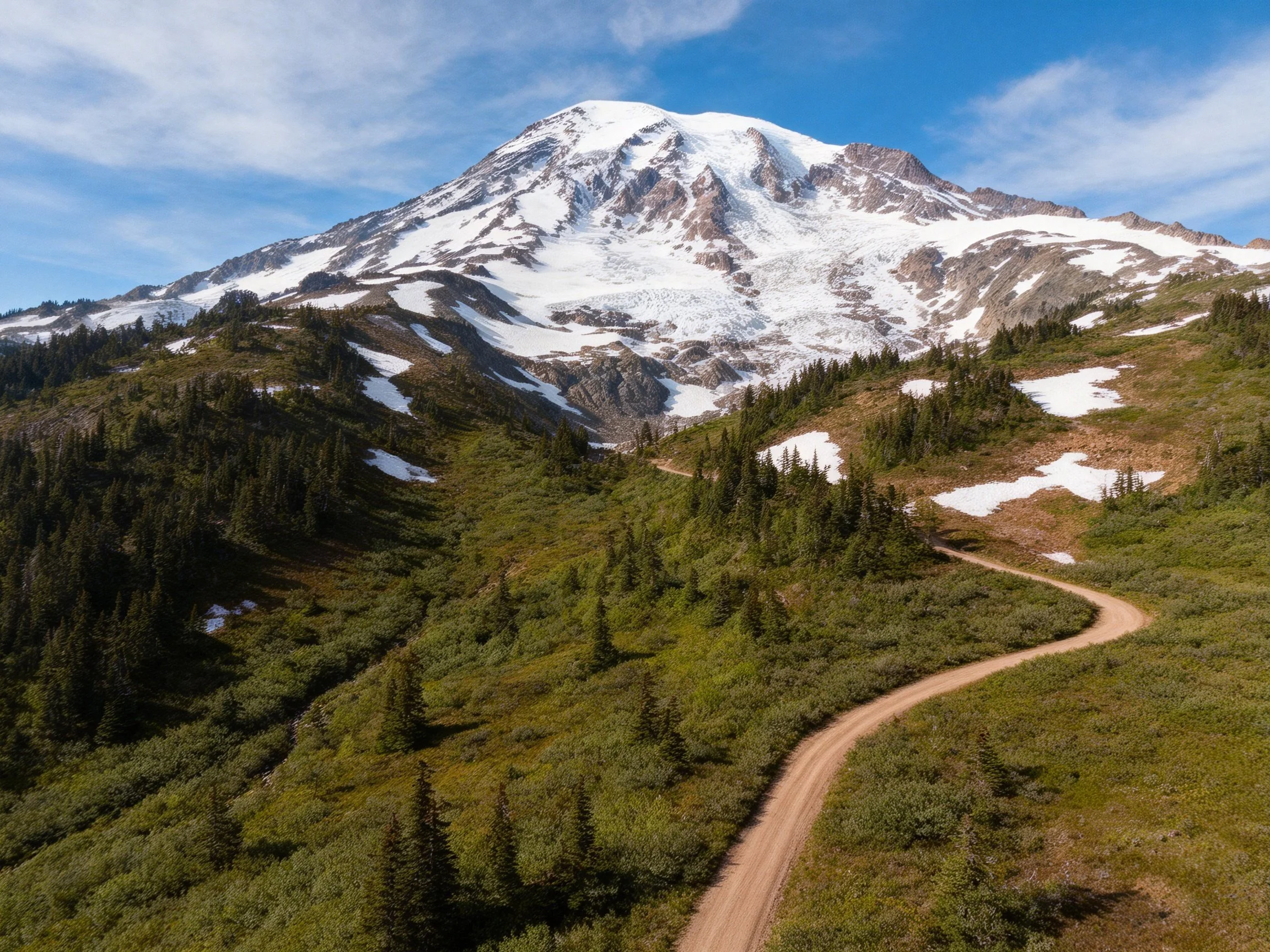 Snow-capped Mountain with Winding Dirt Trail Through Green Forests