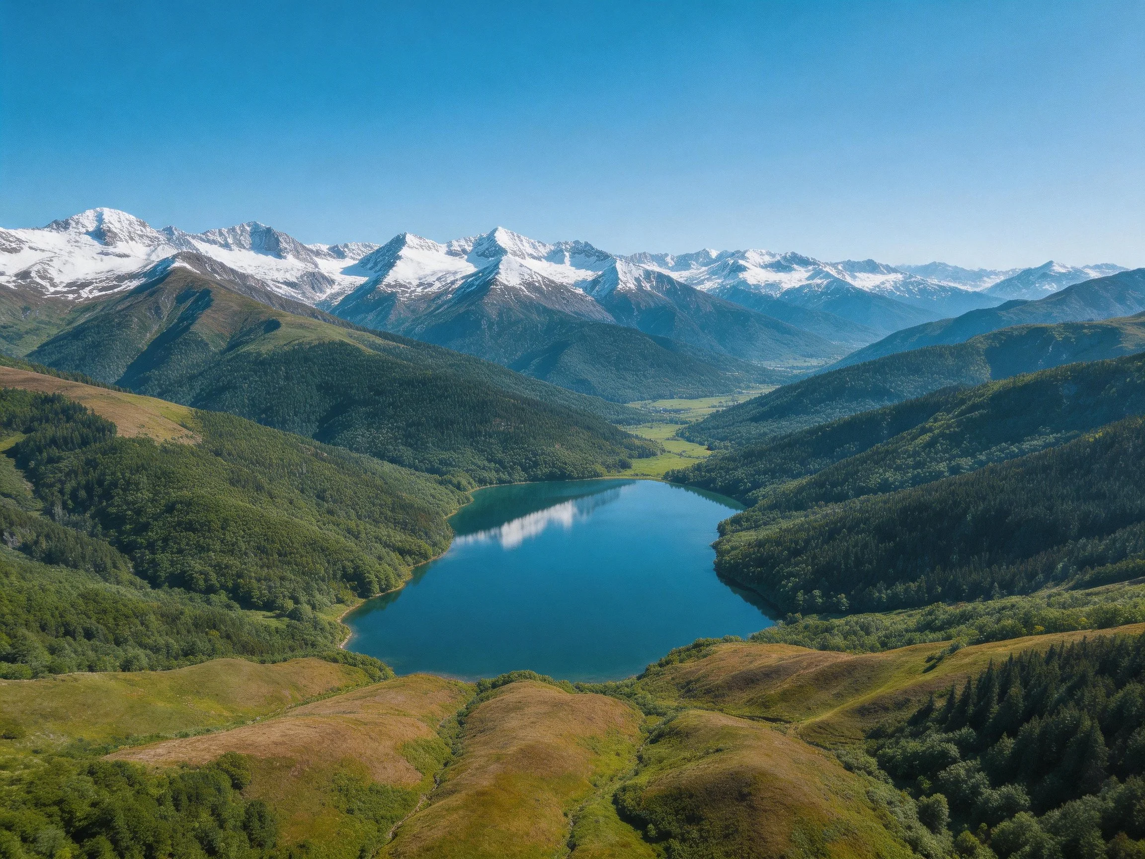 Snow-capped Peaks Frame a Serene Lake Among Verdant Valleys