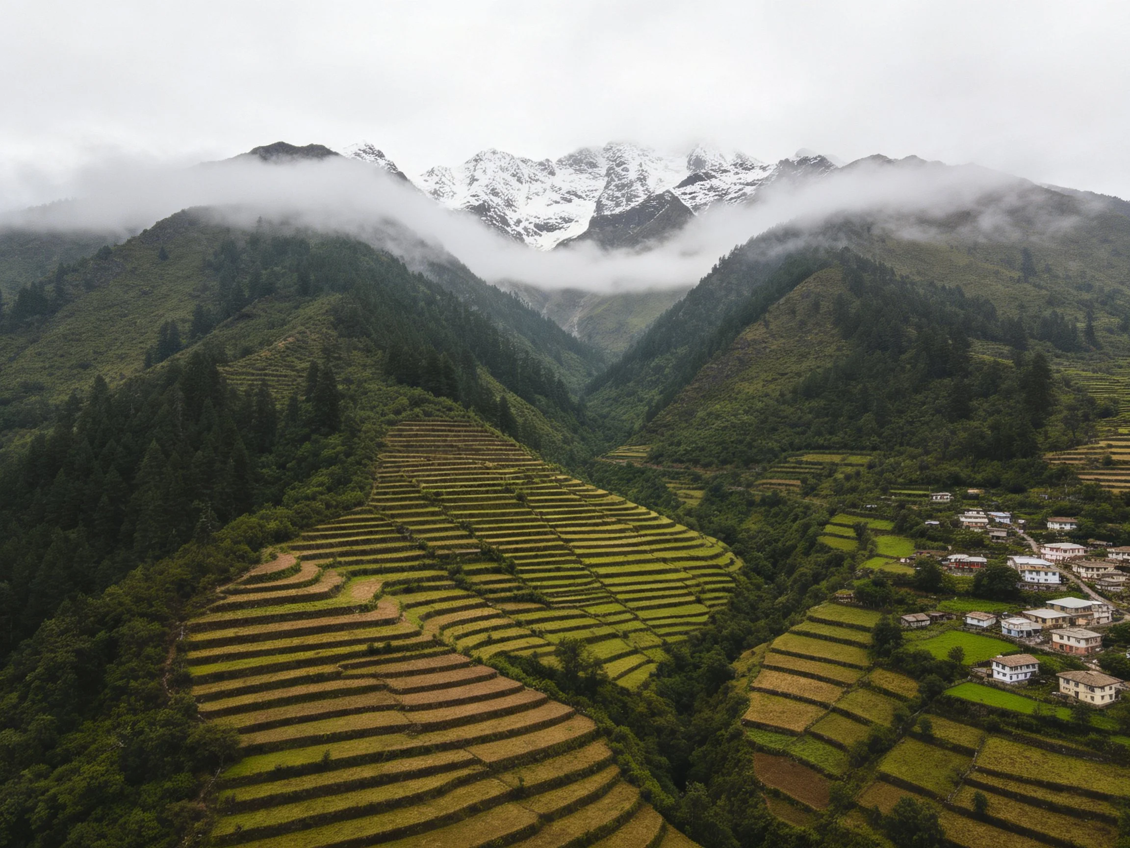 Snow-capped Peaks Over Lush Terraced Fields and Village