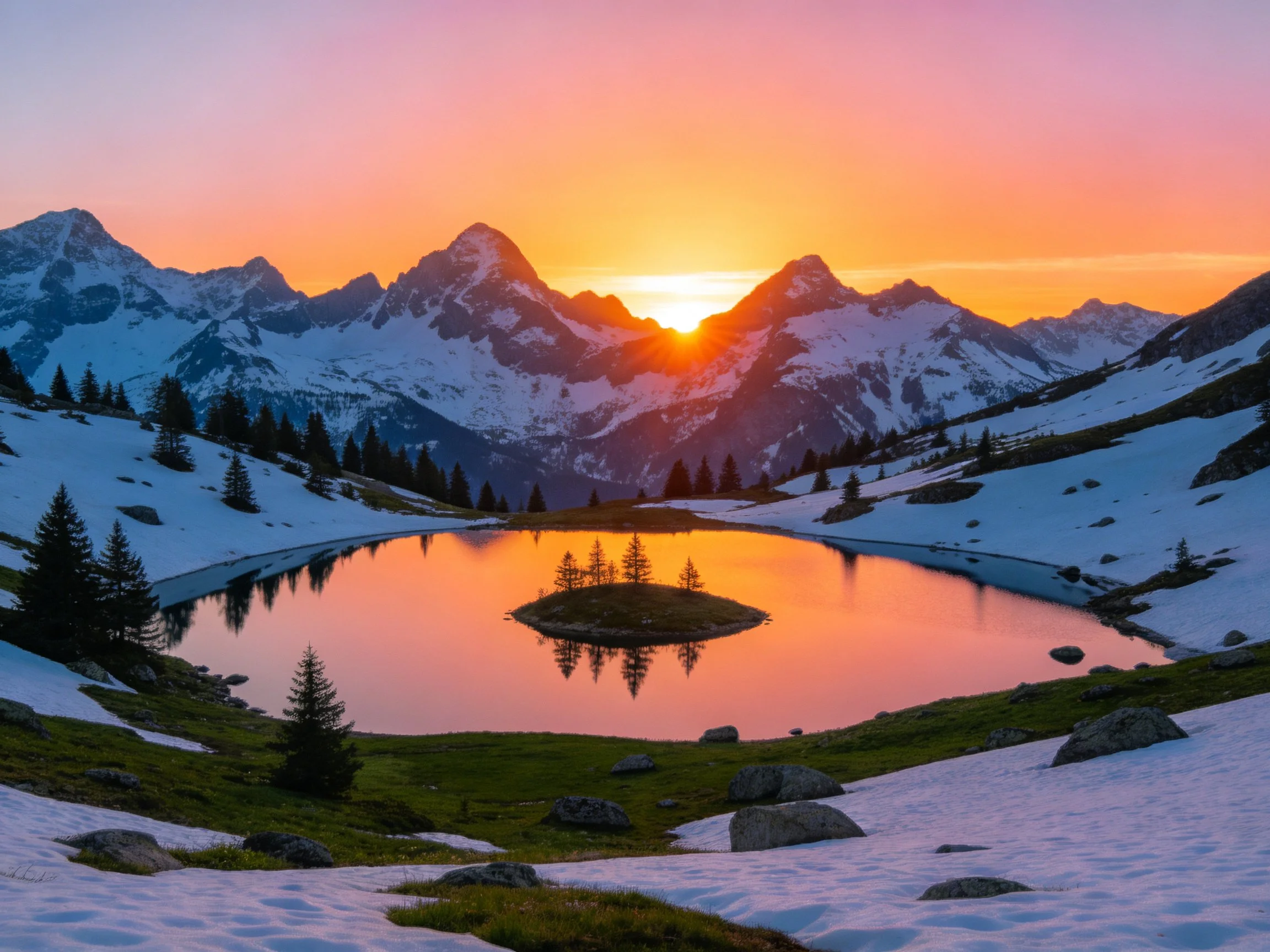 Snow-capped Peaks Reflect Sunset in Alpine Lake