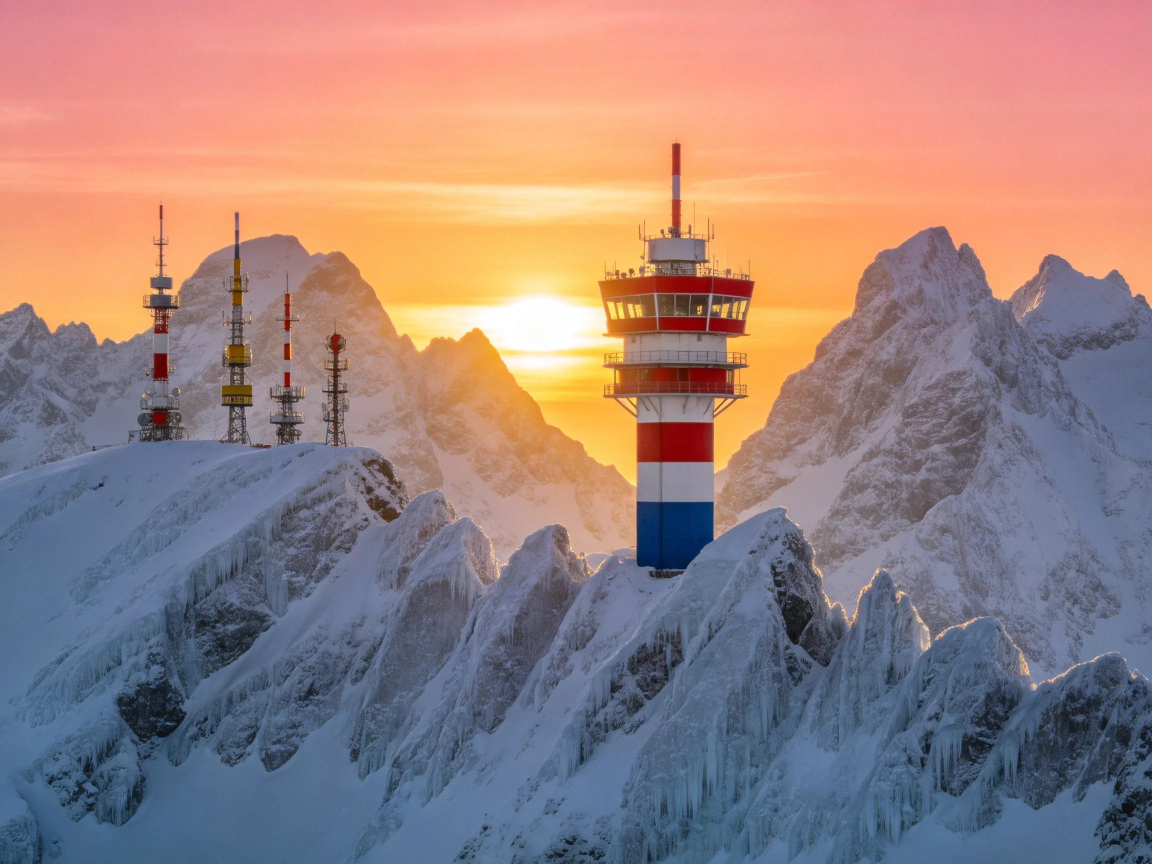 Snow-capped Peaks with Colorful Communication Towers at Sunset