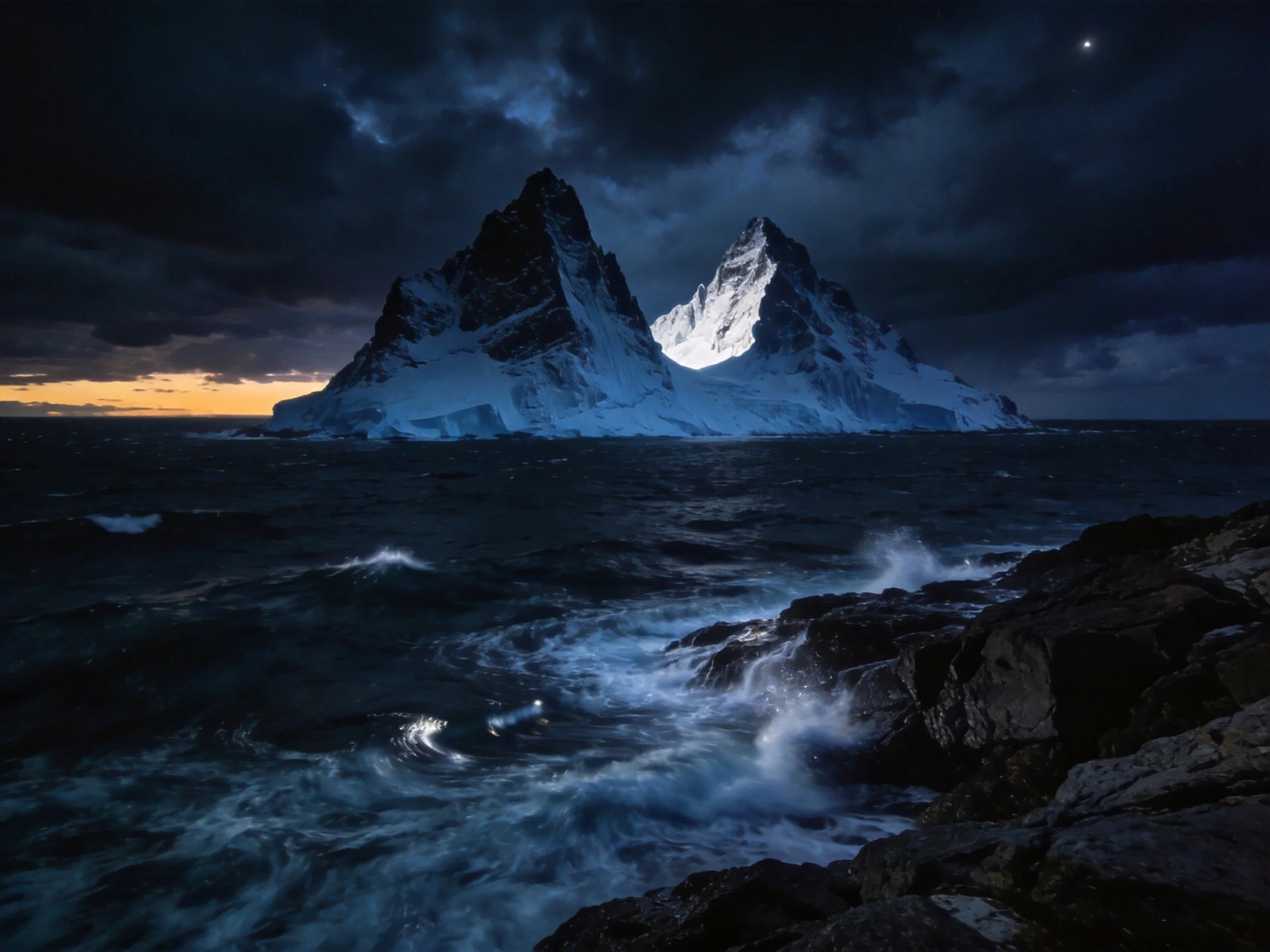 Snow - capped icebergs amidst stormy seas under dark skies