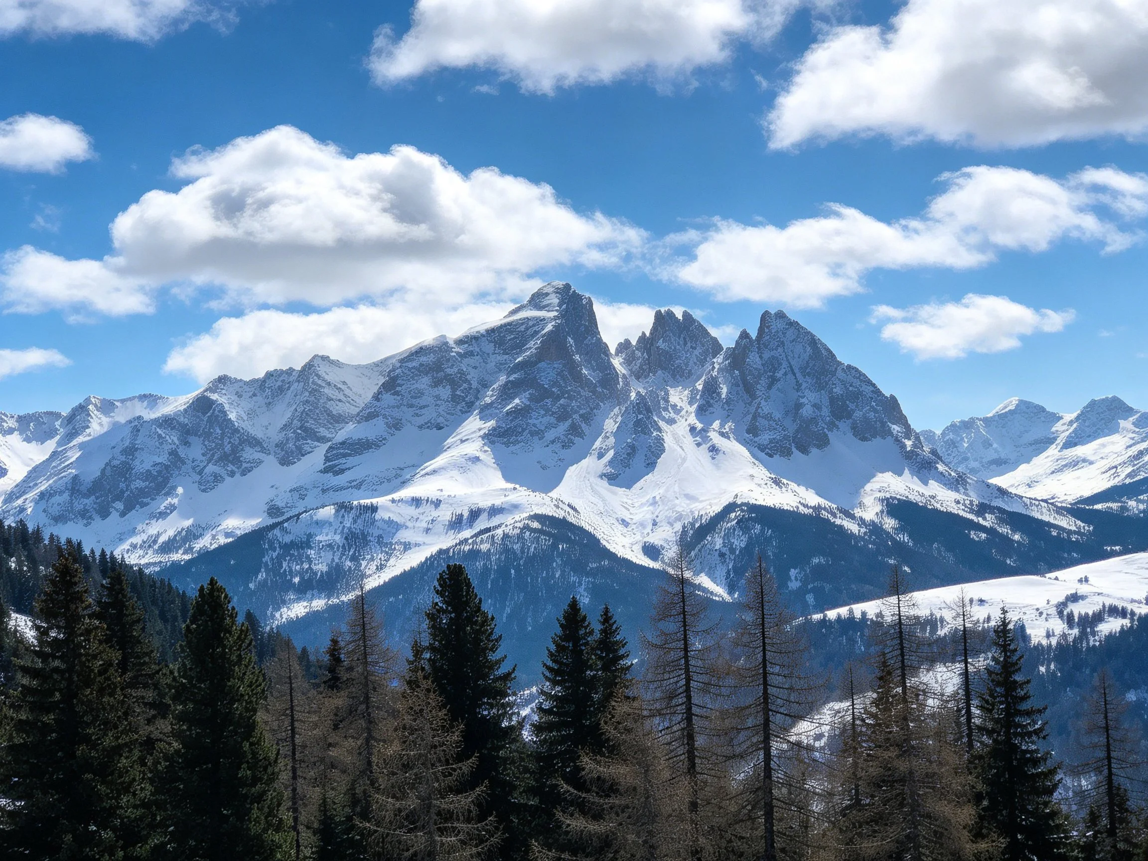 Snow-capped jagged mountain peaks against bright blue sky
